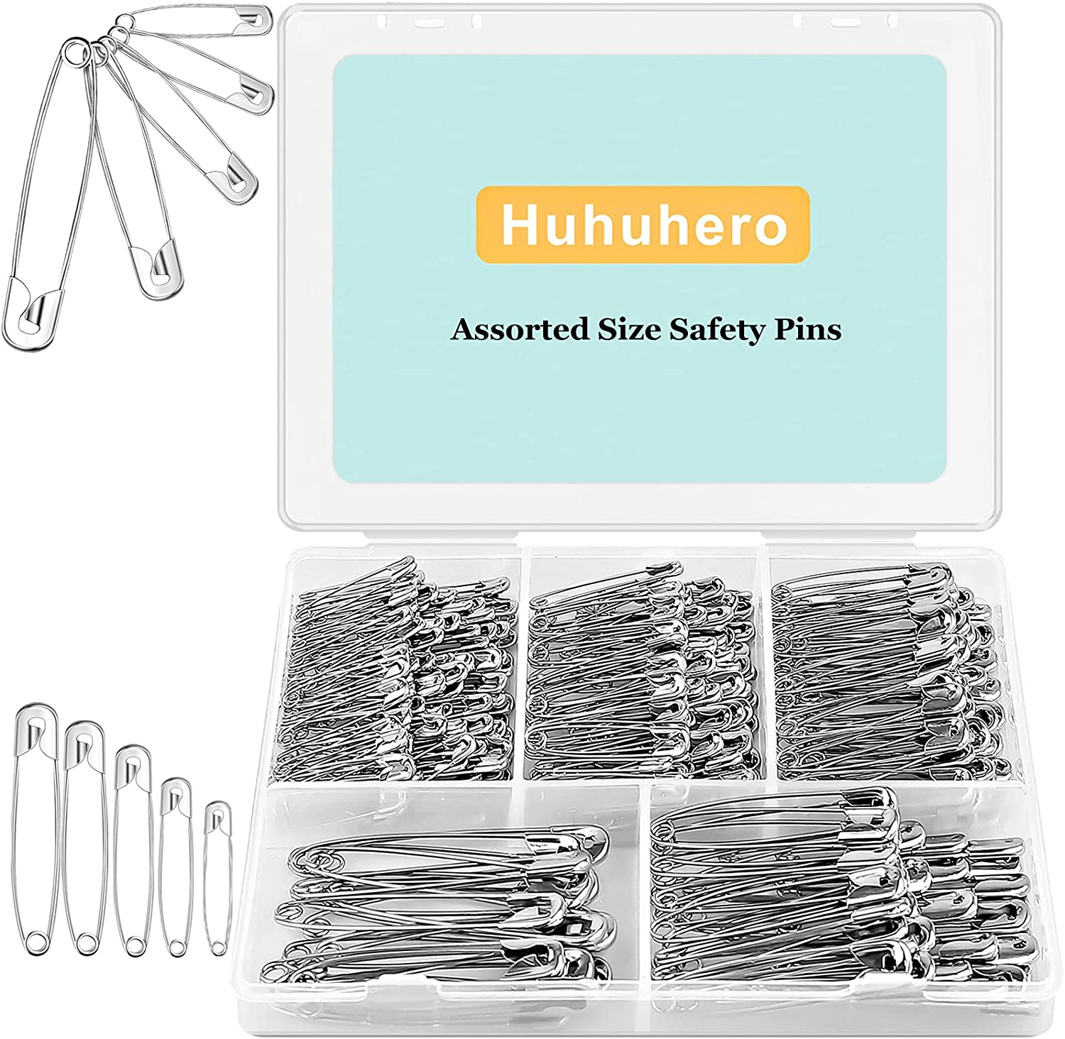 Huhuhero 340 Pack Safety Pins Assorted, Small and Large Safety Pins for Clothes Costume, 5 Different Sizes Nickel Plated Steel Pin Bulk, Sewing Crafts Art Supplies, Silver image number 5