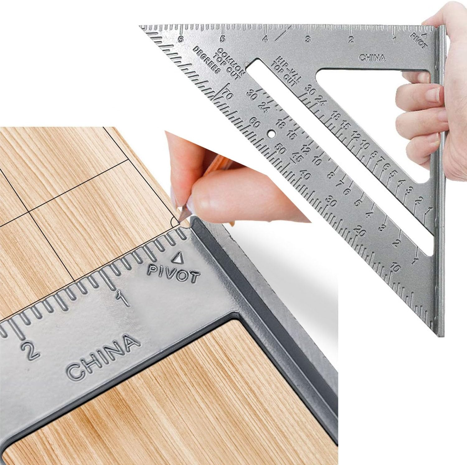 7" Triangle Ruler Protractor Measuring Tool, Aluminum Square Carpenter Layout Angle Ruler Tool for Woodworking and Carpentry image number 2