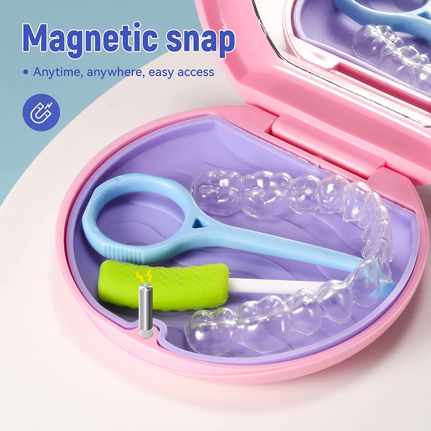 Annhua Retainer Case with Mirror - Slim Magnetic Mouthguard Case with Silicone Textured Liner for Braces and Aligners, Travel Dental Box - Pink - Blue image number 4