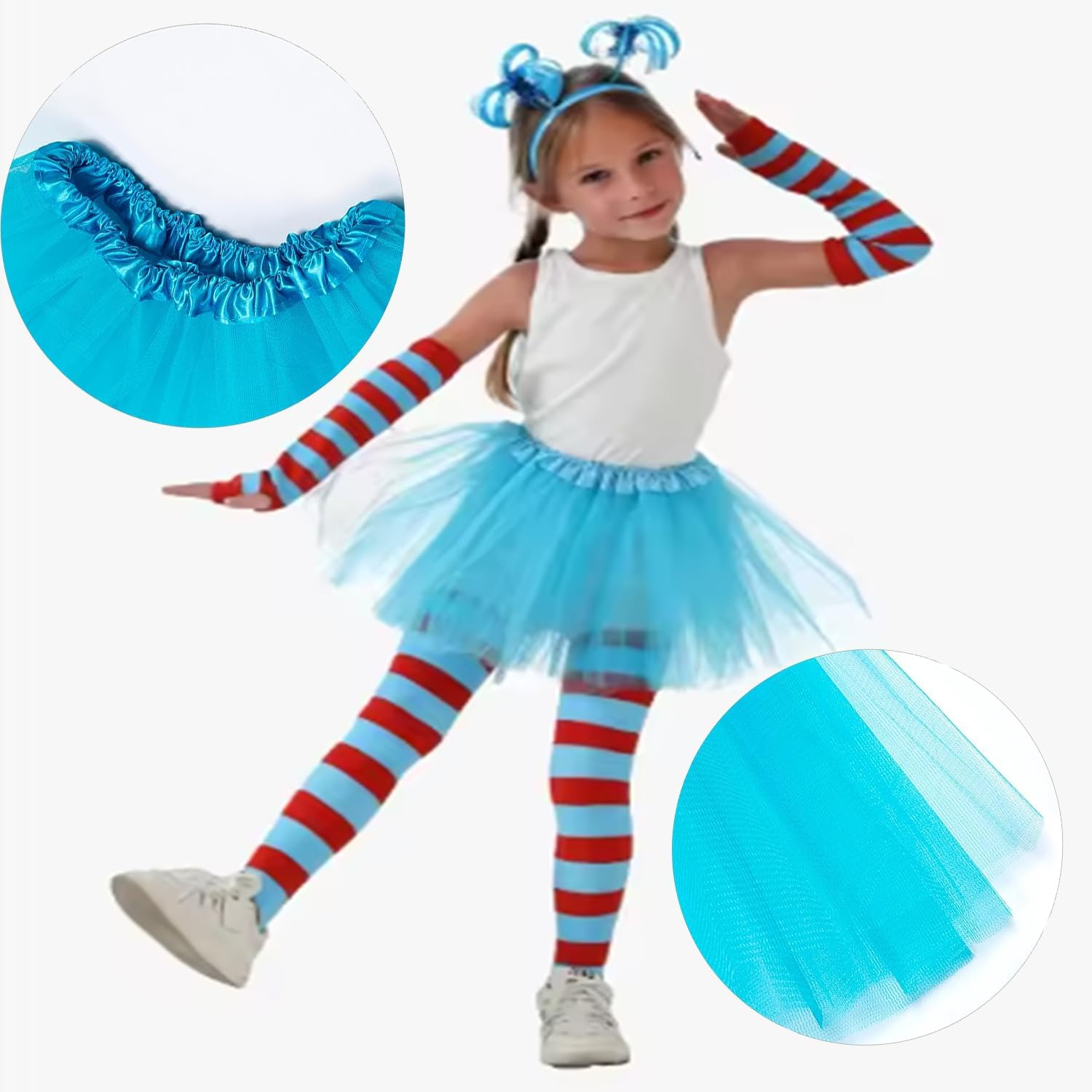 Roczential Red and Blue Women'S Clothing Set Includes a Blue Tutu, Striped Socks, Stretch Gloves, a Headpiece, a Halloween Costume, Accessories, and a Book Week Outfit image number 4