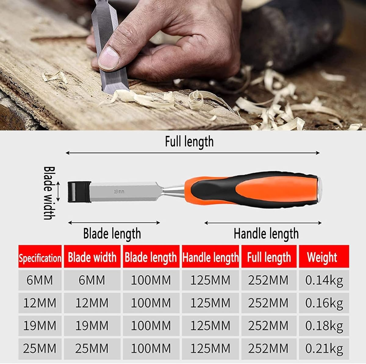 AIMALL Woodworking Chisel Set &ndash; Chrome-Vanadium Steel Blades, Rubber Handles, Flat Edge, 6-Piece Manual Woodworking Tools