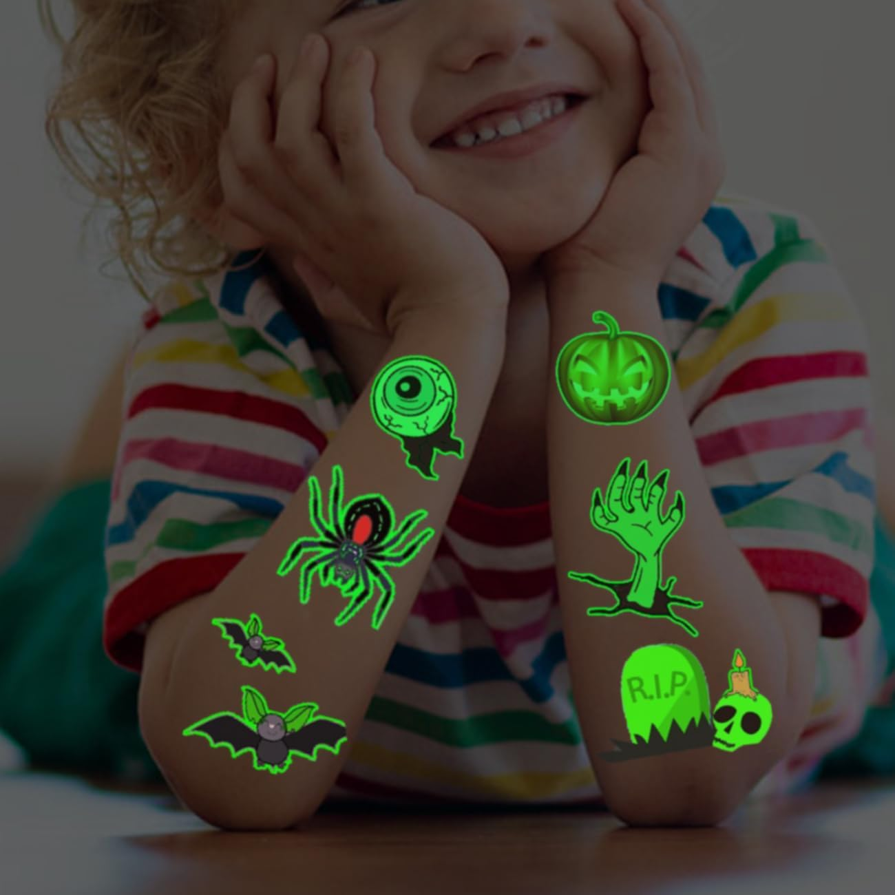 CHARLENT Luminous Temporary Halloween Tattoos for Kids Party Supplies - 100 Styles Glow in the Dark Halloween Pumpkin Ghost Skeleton Tattoos for Boys and Girls, Halloween Party Favors image number 5