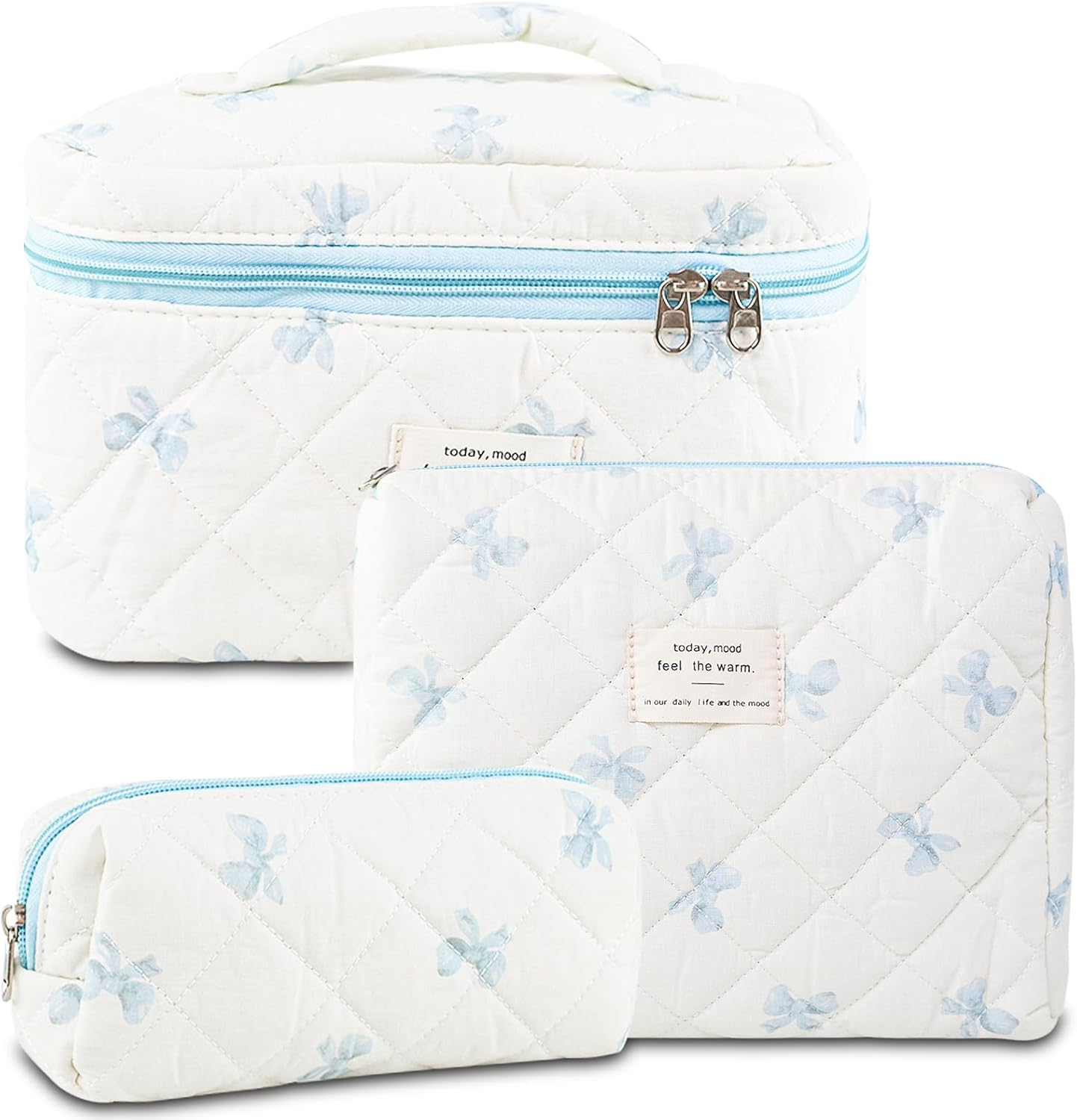 3Pcs Makeup Bag Cotton Quilted Travel Cosmetic Bag Cute Floral Makeup Pouch Large Toiletry Bag for Women Girls, Bear A, Daily