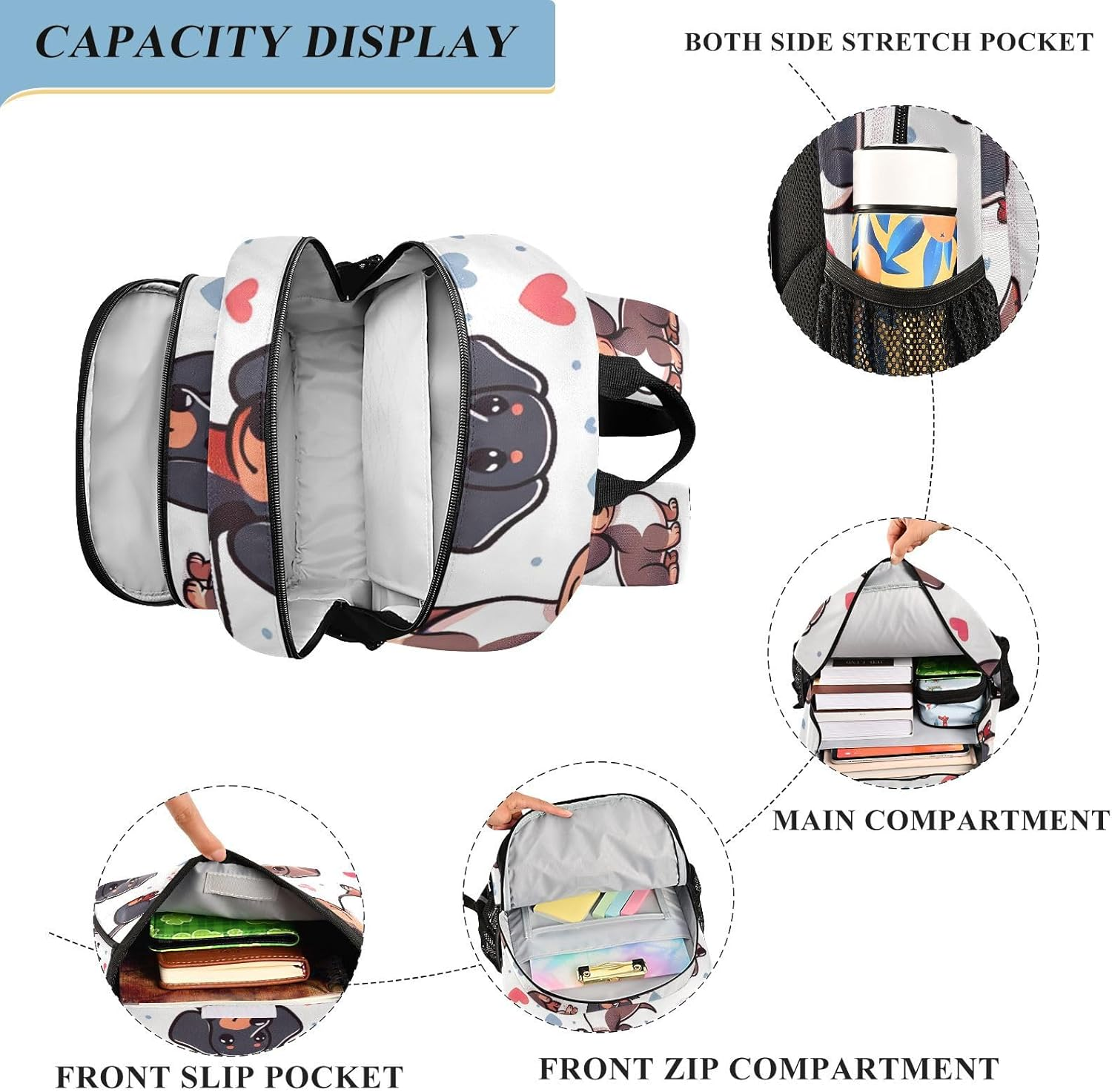 RPLIFE Cute Dachshund Dogs White Backpack for School Kids, Cute Backpacks for Kids, Girls School Backpack, Cute Dachshund Dogs White, One Size, Traditional Backpacks image number 2