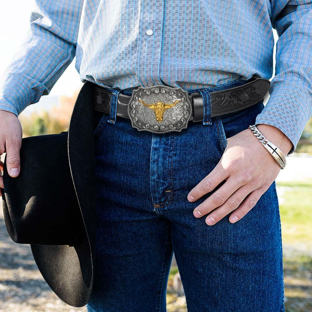 Men Women Western-Cowboy-Belt PU Leather Floral Engraved Bull Buckle-Belts for Jeans (For 27" to 41" Waist) image number 4