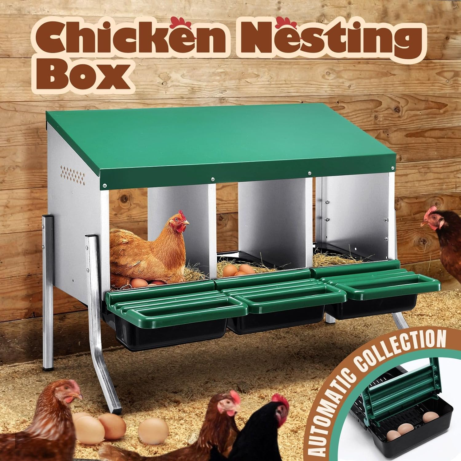 Chicken Nesting Box 3 Compartments Roll Away Hen Chook Laying Nest Boxes Coop Poultry Egg Brooder Roost Perch Galvanised Steel Plastic with Stand image number 1