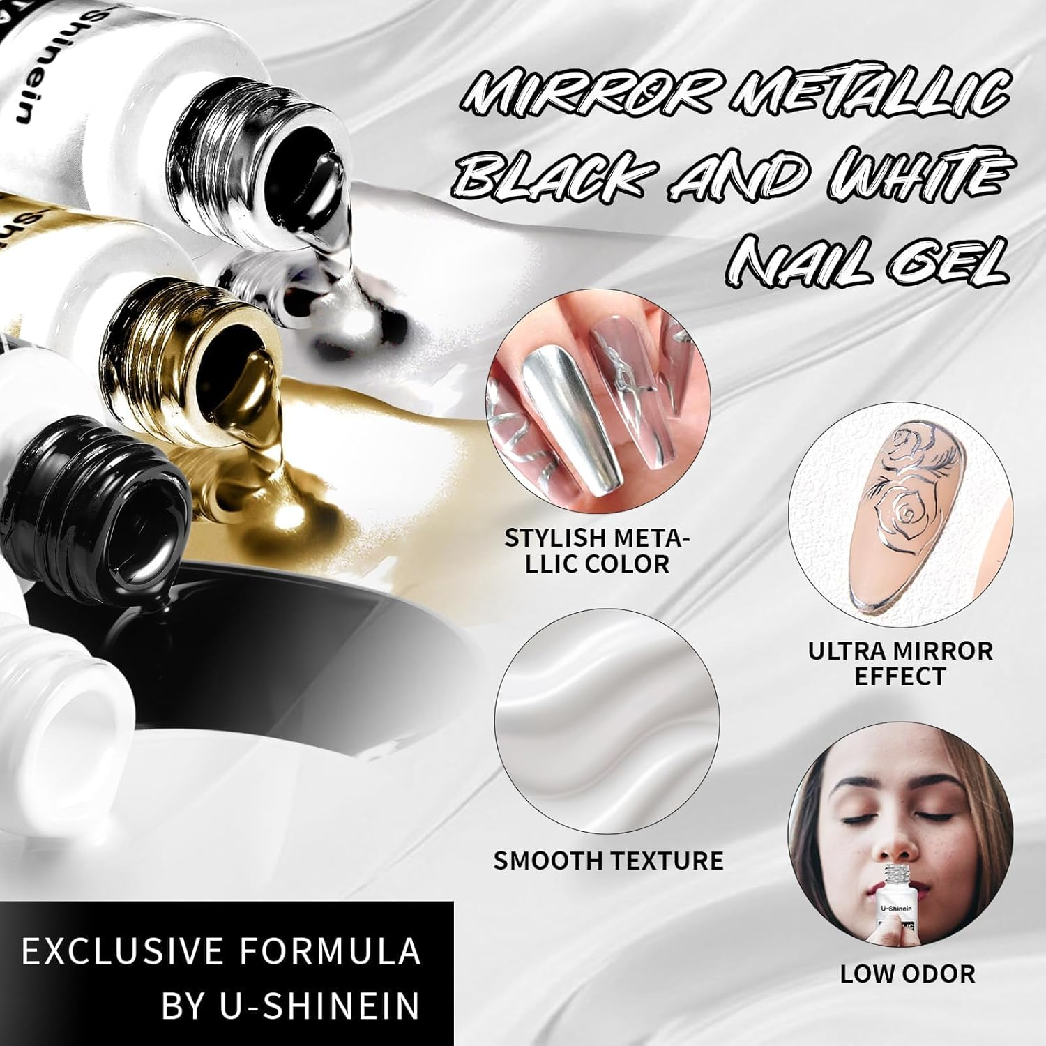 4X12Ml Metallic Mirror Painting Liner Gel Polish Set, Mirror Chrome Effect Painted Gel &Black & White Nail Polish Drawing Striper Gel Build in Thin Brush Soak off UV/LED Nail Manicure Setb - Set B image number 2