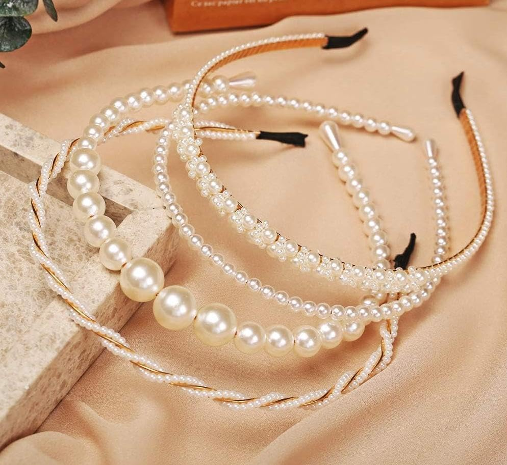4 Pack Pearls Fashion Headbands Artificial Pearl Rhinestones Hairbands,Bridal Hair Hoop Party Wedding Hair Accessories for Women Girls image number 3