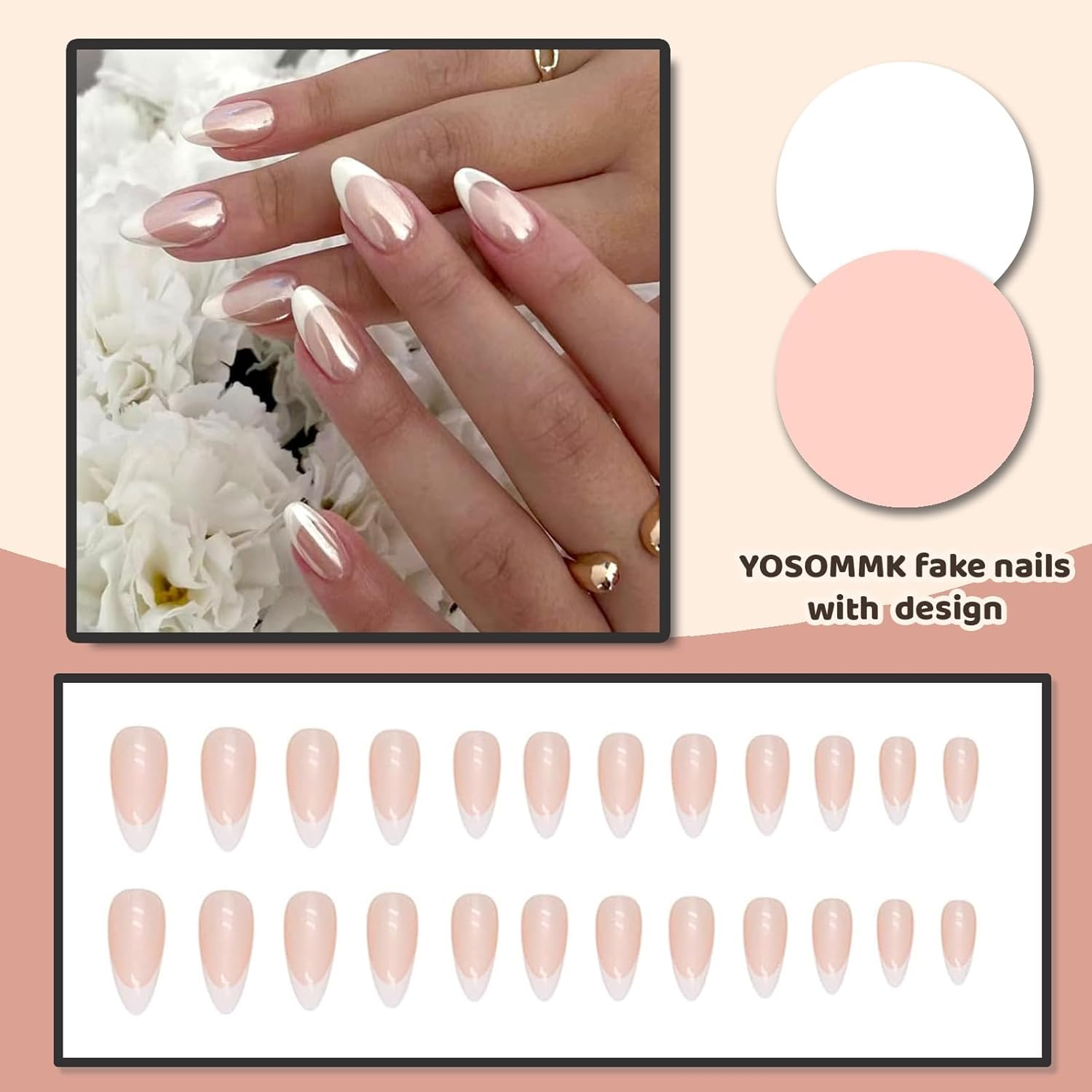 French Tip Chrome Press on Nails Almond Medium Fake Nails with Mirror Designs Glossy Glue on Acrylic Nails Nude Full Cover False Nails for Women image number 2