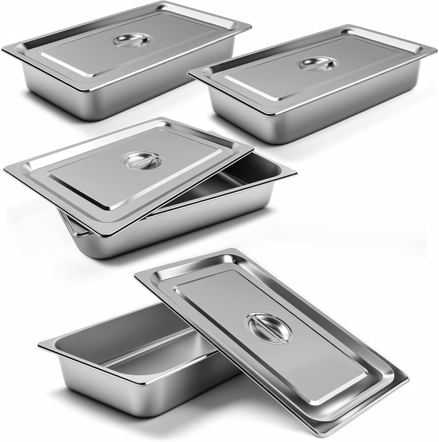 LZONEY Stainless Steel Hotel Pans 1/1 Full Size X 4" Deep Steam Table Pan with Lid, 4 Pack 0.8 Mm Thick anti Jam Pan Stainless Steel Steamer Pan for Hotel, Restaurant, Buffet