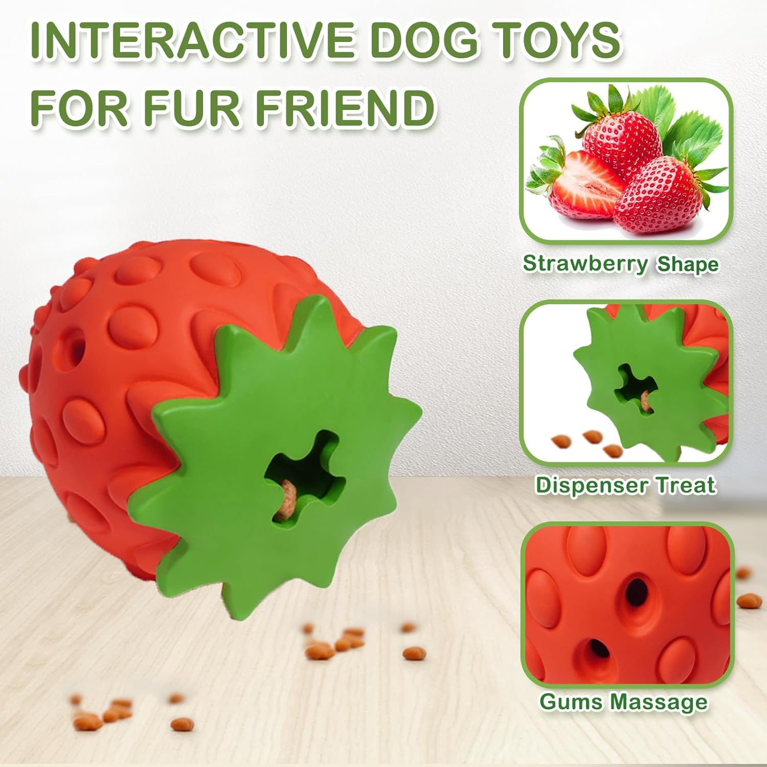 Zovinx Interactive Dog Toy, Natural Rubber Strawberry Food & Treat Puzzle Dog Chew Toy for Teeth Cleaning and IQ Training, Slow Feeder Dispenser Pet Ball for Small, Medium, Large Breeds, Face & Body image number 4