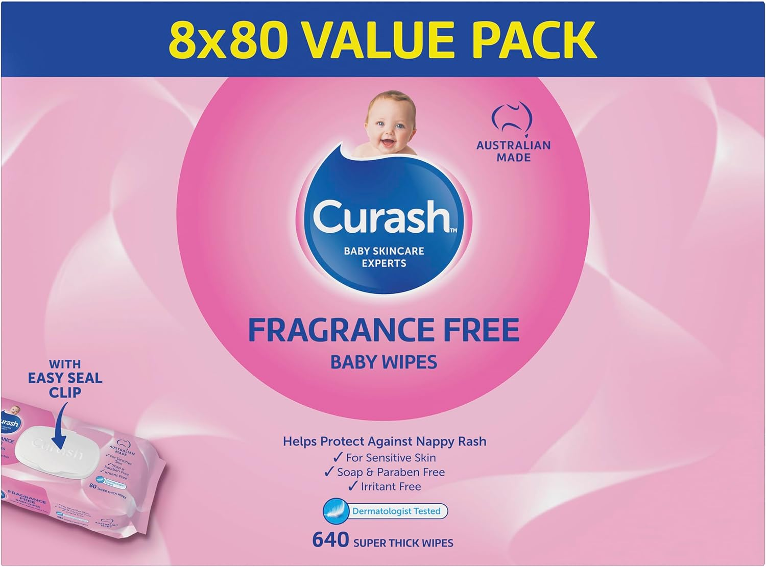 New Formula Curash Fragrance Free Baby Wipes, 8X80 Pack, for Sensitive Skin, Suitable for Newborns, Thick & Soft Texture, No Soap, Alcohol or Parabens, Everyday Cleansing and Nappy Changes, 640 Wipes image number 3
