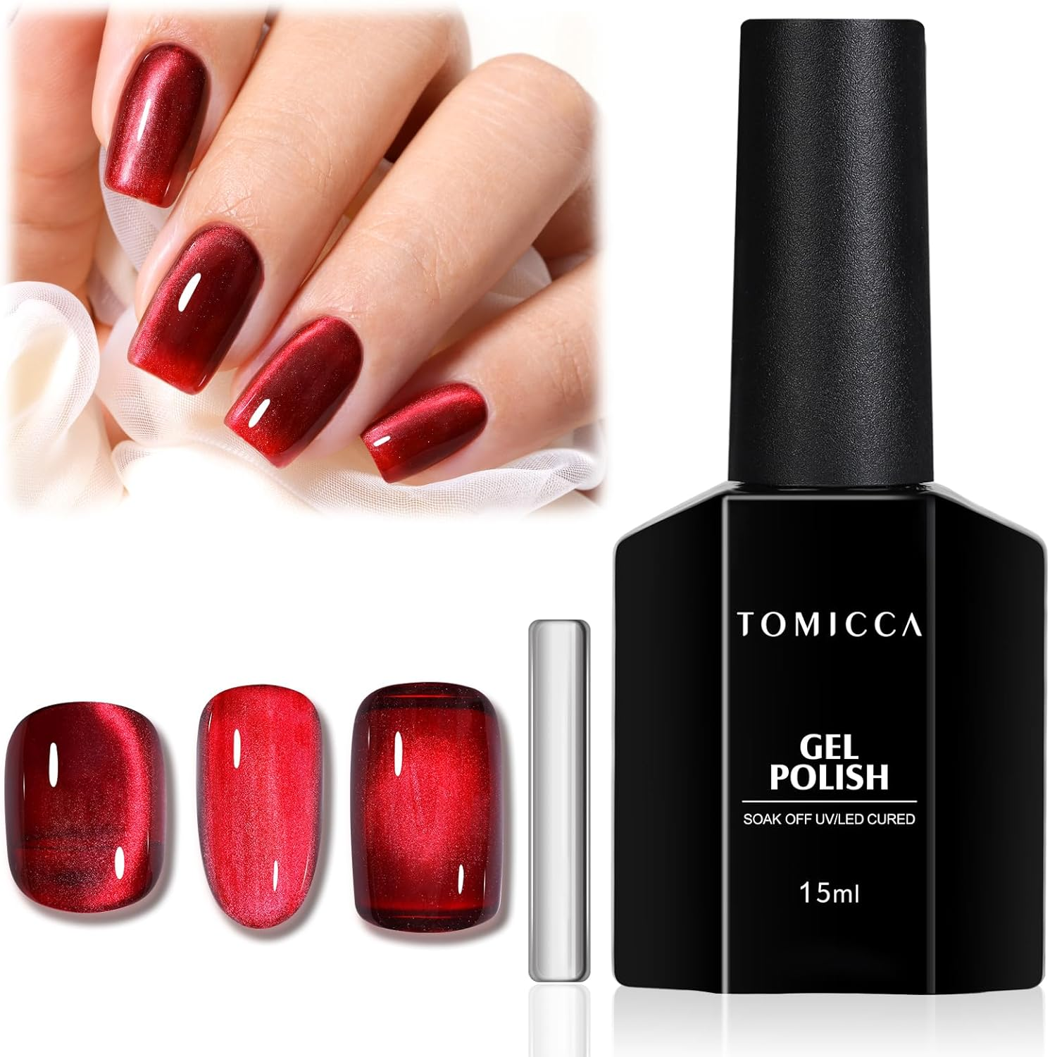 TOMICCA Cat Eye Gel Nail Polish Burgundy Red 15ML Holographic Gel Polish with Magnet Soak off UV LED Nail Lamp Glass Gel Polish for Nail Salon DIY