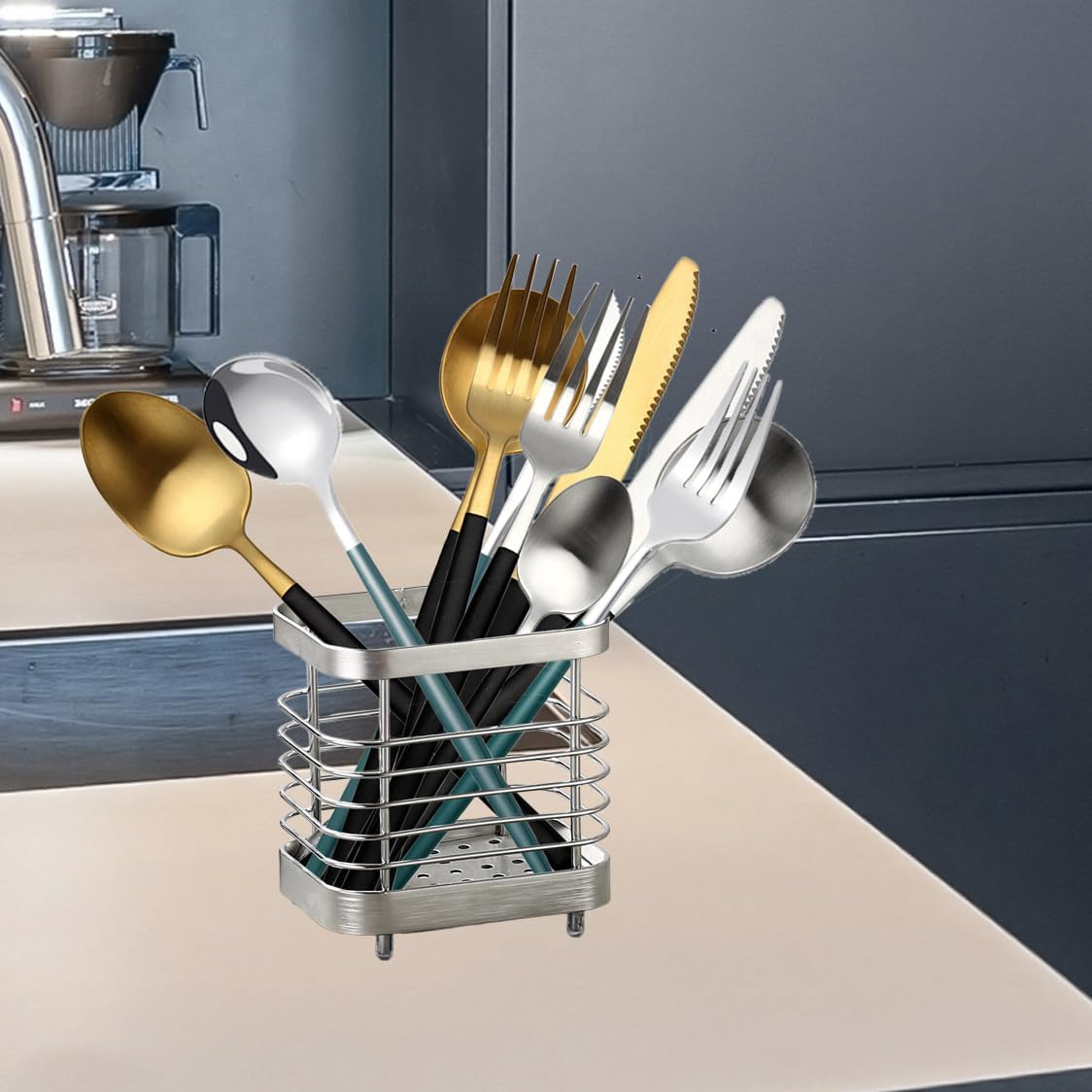 Utensil Holder Kitchen Countertop Organizer, Cutlery Drainer Sink Caddy Dish Drying Rack, Cabinet Silverware Storage Organiser, Stainless Steel, Silver(4 In) image number 3