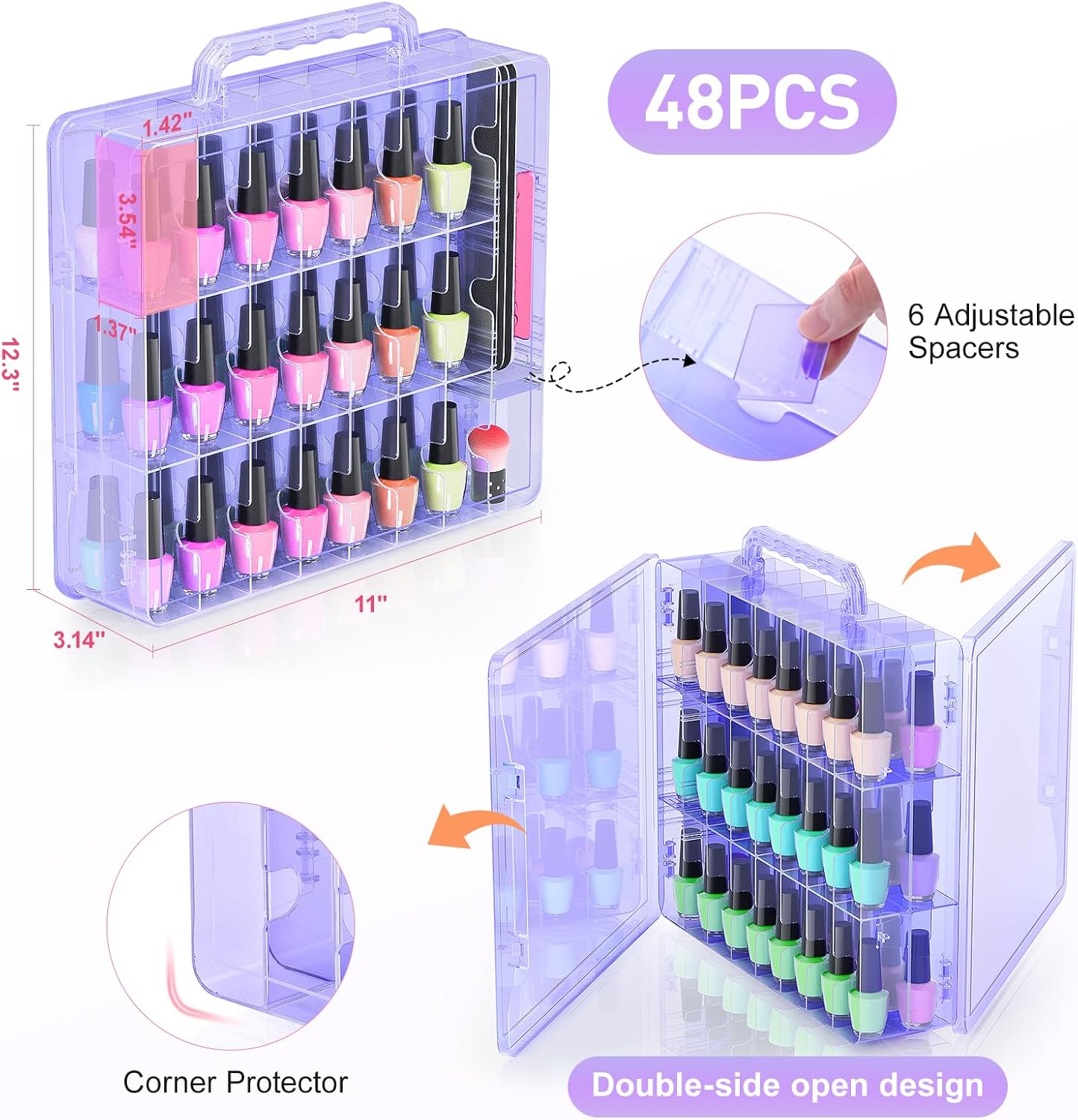 Beloving Nail Polish Organizer Case for 48 Bottles Nail Polish Holder with Adjustable Divider, Gel Nail Polish Storage Double Side Nail Polish Organizer Case for Storage Display, Purple image number 4