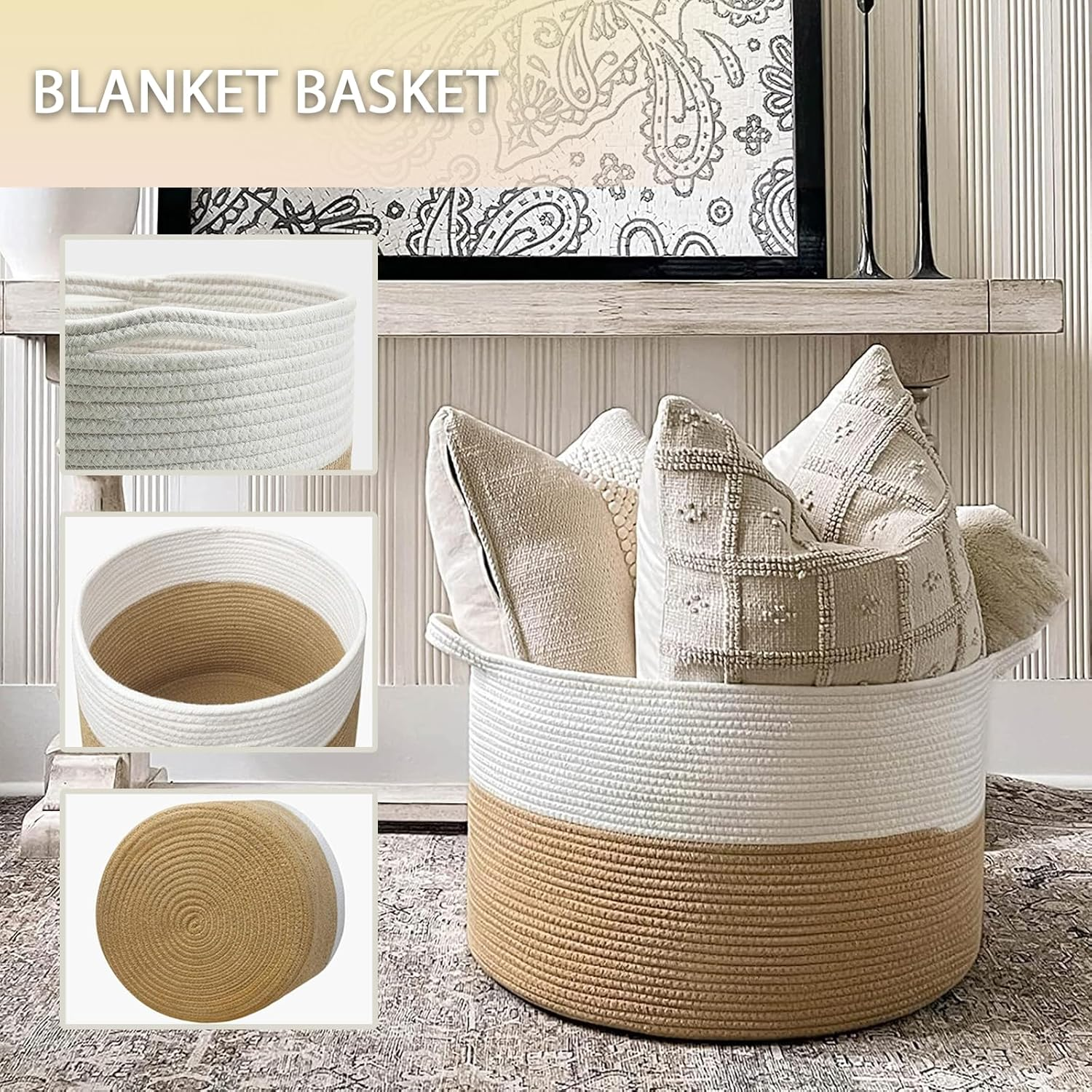 Large round Blanket Basket with Handles 55X35Cm round Jute Black Blanket Basket with Handles for Toys,Pillows, Laundry for Nursery,Living Room,Laundry Room Extra Cotton Rope Storage Basket Cotton Rope Storage Basket image number 3