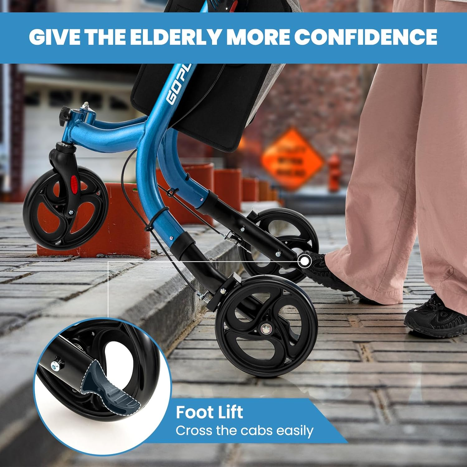 Costway 3 Wheel Rollator Walker, Folding Aluminum Rolling Walker W/Zippered Storage Bag, Safe Dual Brake System & 8" Wheels, Lightweight Medical Standard Rollator for Elderly Seniors (Blue) - Red image number 7