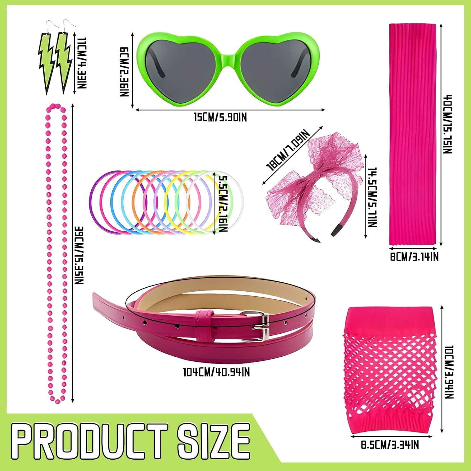 21PCS 1980S Girl'S Clothing and Accessory Set, 1980S Party Accessories, T - Shirt Printed with 80S Elements Matched with Necklace, Fishnet Gloves, Etc. for 80S Themed Party, Carnivals image number 2