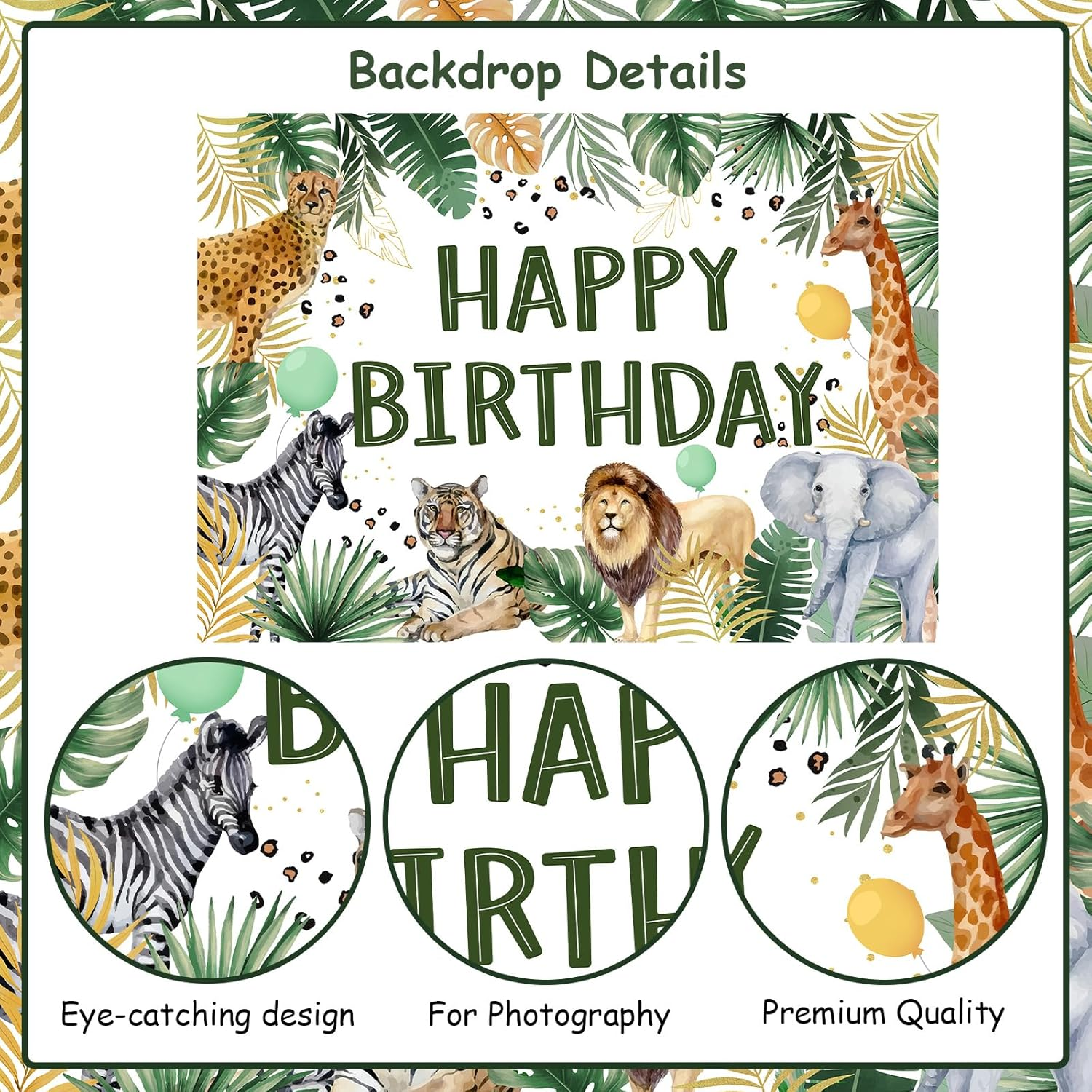 Wonmelody 7 * 5Ft Jungle Happy Birthday Backdrop Decor Safari Animal Zoo Theme Birthday Backdrop Banner Tropical Forest Backdrop with Lion Leopard Zebra Elephant for Boy 1St 3Rd 5Th Safari Birthday image number 4