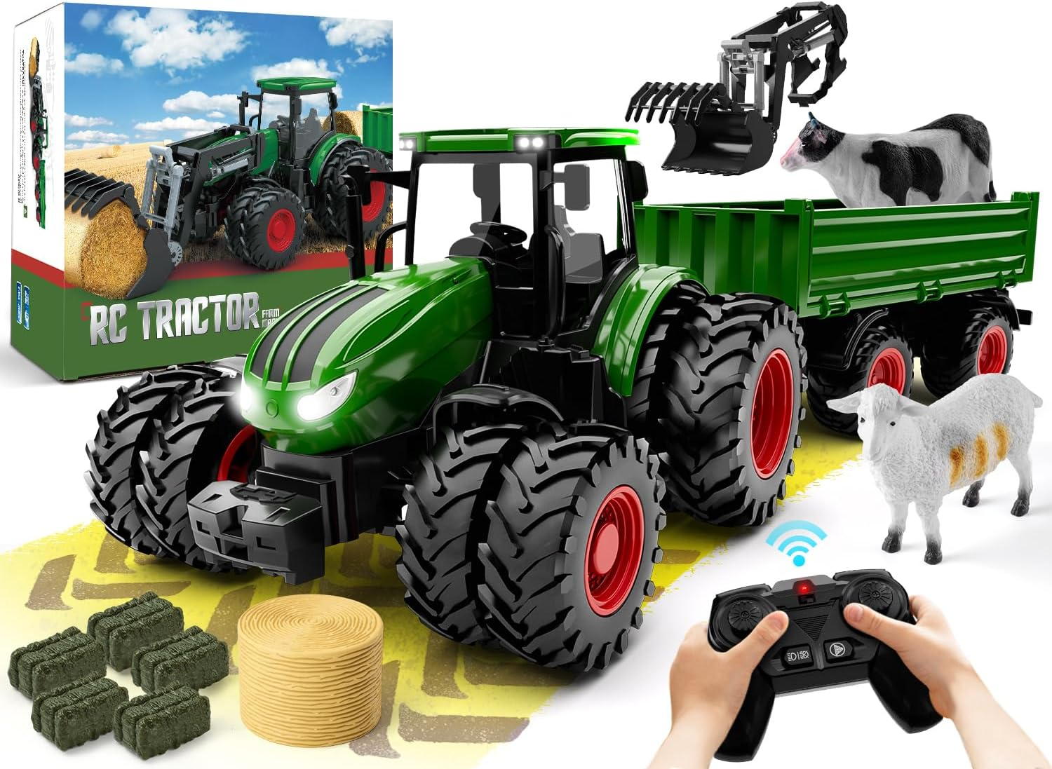 TOYKAU Rechargeable RC Tractor & Trailer Set - Metal Car Head, 8-Wheel Drive with Lights, Farm Vehicle Toy for Ages 3+ Boys Girls Christmas/Birthday Gift image number 5