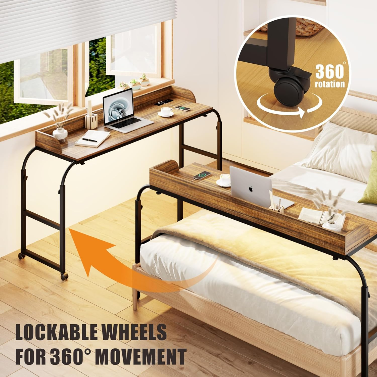 Dystler Overbed Desk with Charging Station-Over Bed Table-Adjustable Length/Height with Wheels - Human Sensor LED Light Mobile Queen Size Bed Table Rolling Tray Table for Eating & Laptops, Brown image number 3