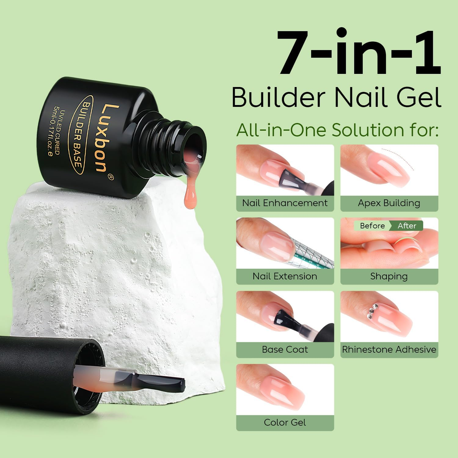 Luxbon 7 in 1 Builder Base Colour Gel Nail Polish Set, 6 Colours Nail Extension Enhancement Nude Gel Polish Pink Peach Nail Polish for Nails UV LED Soak off Nail Art Design Gifts for Women Kit 002 image number 2