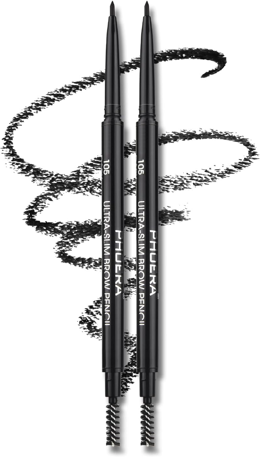 PHOERA Eyebrow Pencil - Natural Look, Black, Easy to Use, Long-Lasting, Waterproof, Precise Application, Vegan & Cruelty-Free (2PC 105, 0.16G)