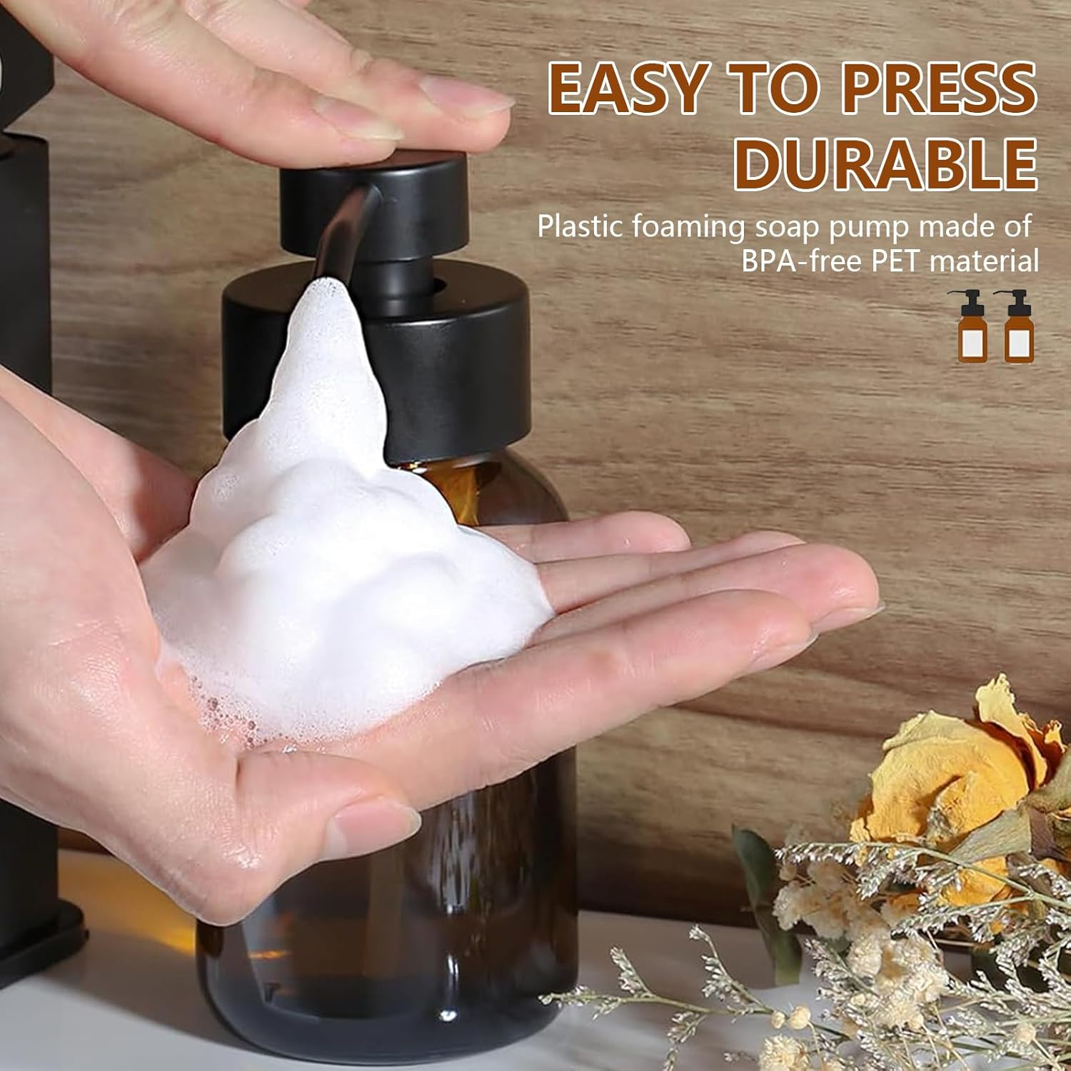 Foaming Soap Dispenser, 8.5 Oz Amber Glass Foam Soap Dispenser for Bathroom & Kitchen, 2 Pack Modern Refillable Foaming Hand Soap Dispenser, Foam Pump Bottle with Waterproof Labels image number 3