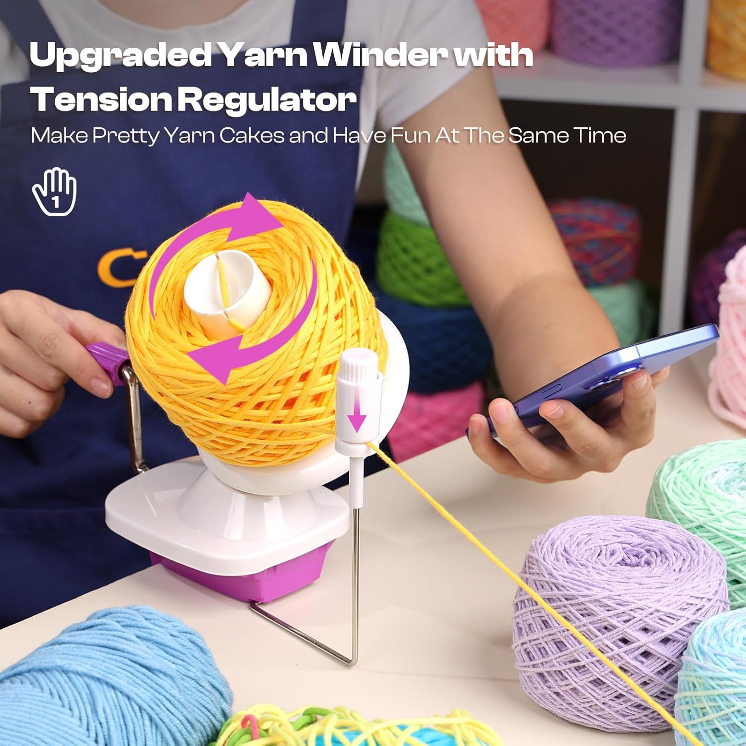 Caydo Yarn Winder with Tension Spring, One Hand Operated Winders, 4-7Oz Efficiently Compact Cake Roller for Crocheting, Portable Ball Spinner for Crocheters, Ideal Helper for Craft Lovers(Purple) image number 3