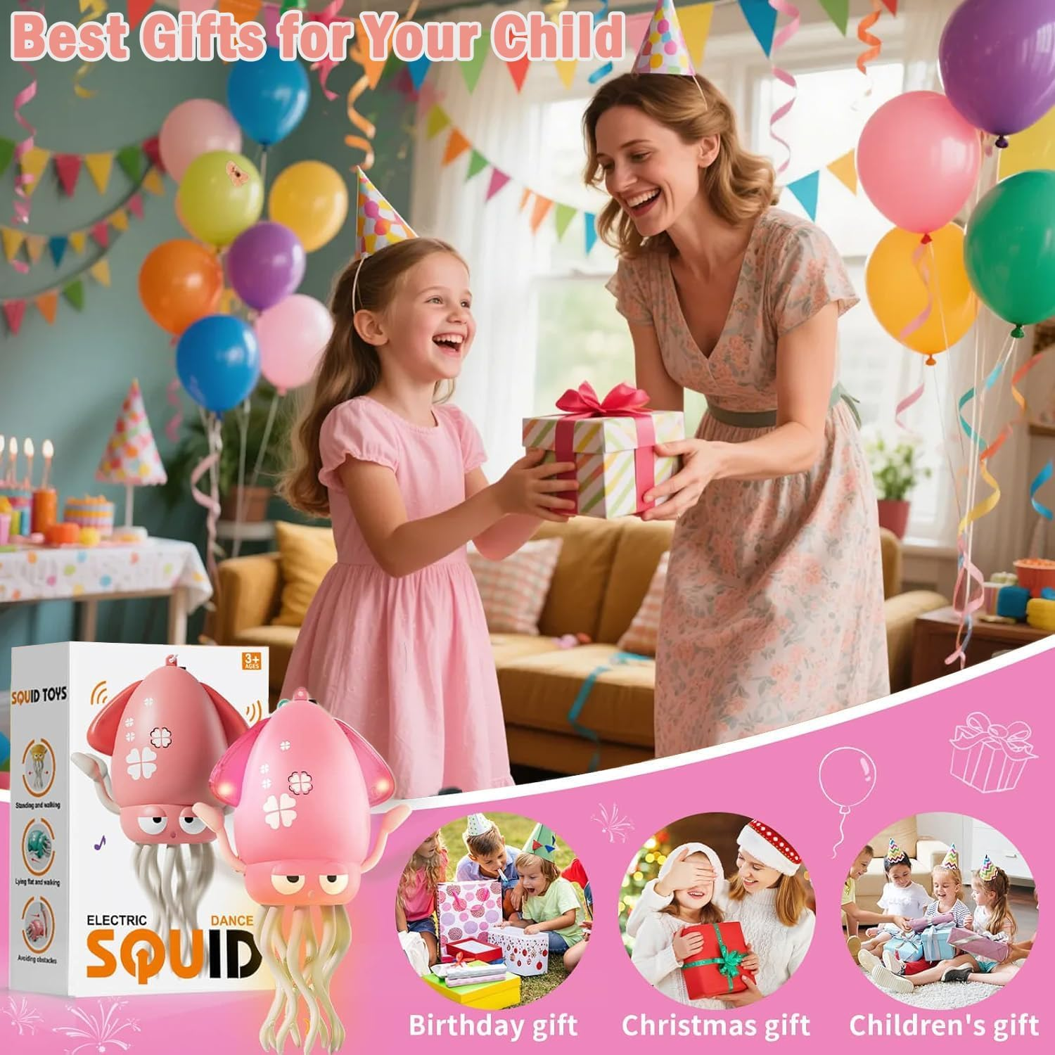 Electric Dancing Octopus Toy, Rechargeable Crawling Octopus Toys with Automatic Obstacle Avoidance, with Lights Music and Fishing Rod, Kid Crawling Toys Suitable for Tummy Time (Pink) image number 2