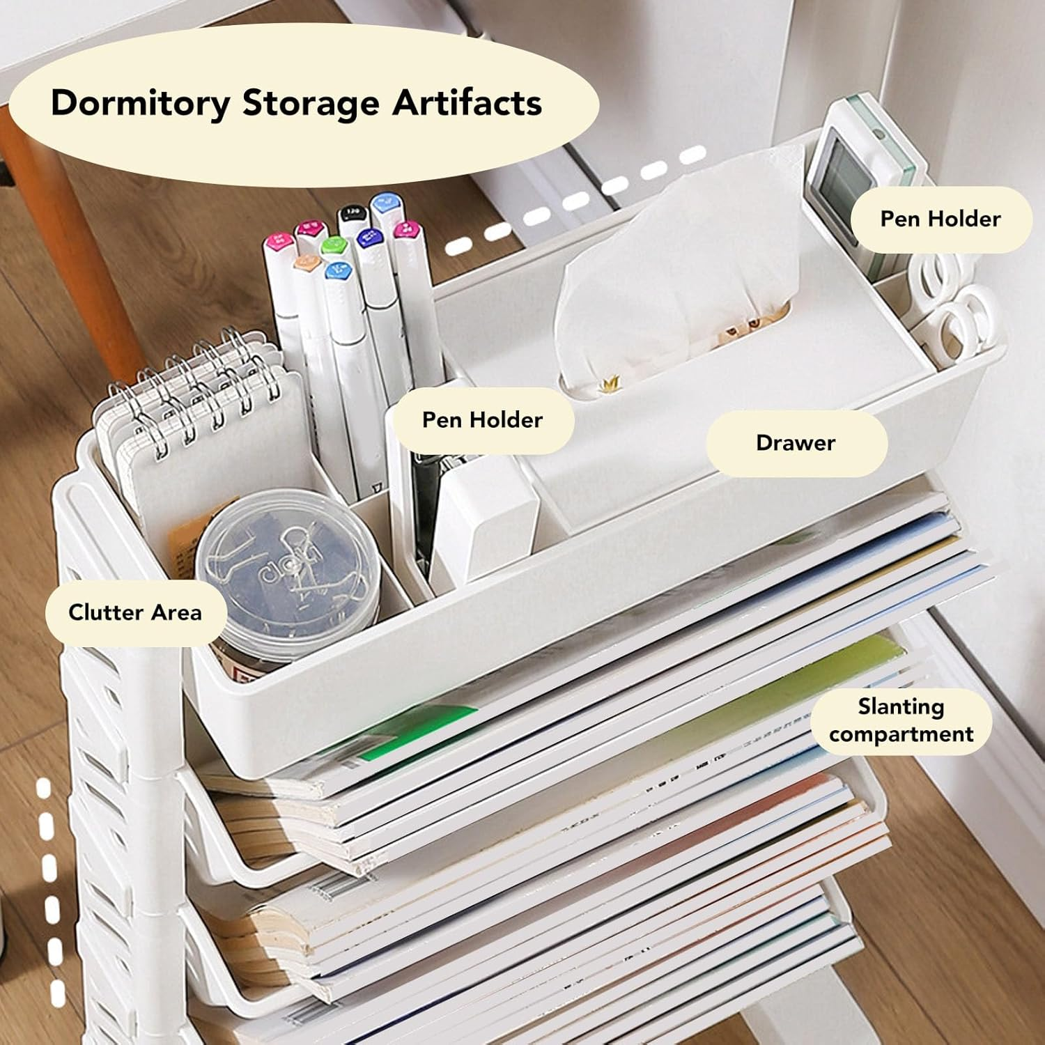 Rolling Plastic Organizer Shelf for Study with Removable and Rotating Bookcase with Multi-Level Capacity for Books, Magazines and Homework (5 Layer)