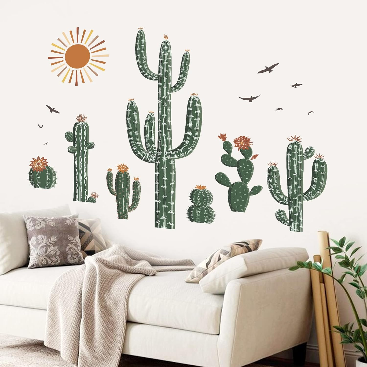 Wondever Boho Cactus Wall Stickers Tropical Cacti Green Plants Peel and Stick Wall Art Decals for Living Room Bedroom Dining Room image number 4