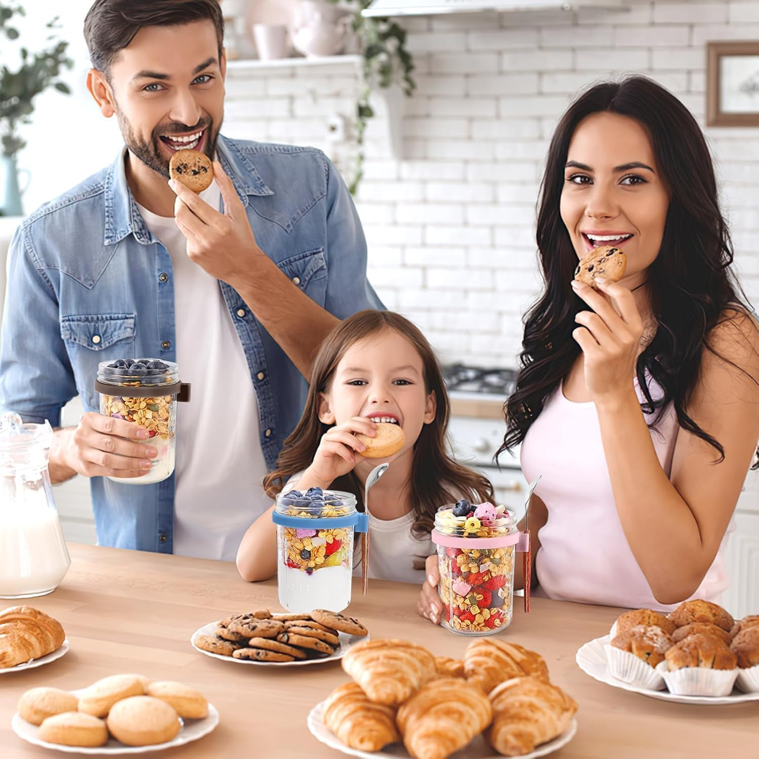 6 Pack Overnight Oats Containers with Lids and Spoons, 16 Oz Mason Jars with Removable Separate Compartments, Airtight and Leak-Proof Glass Jars for Chia Pudding, Yogurt, and Oatmeal