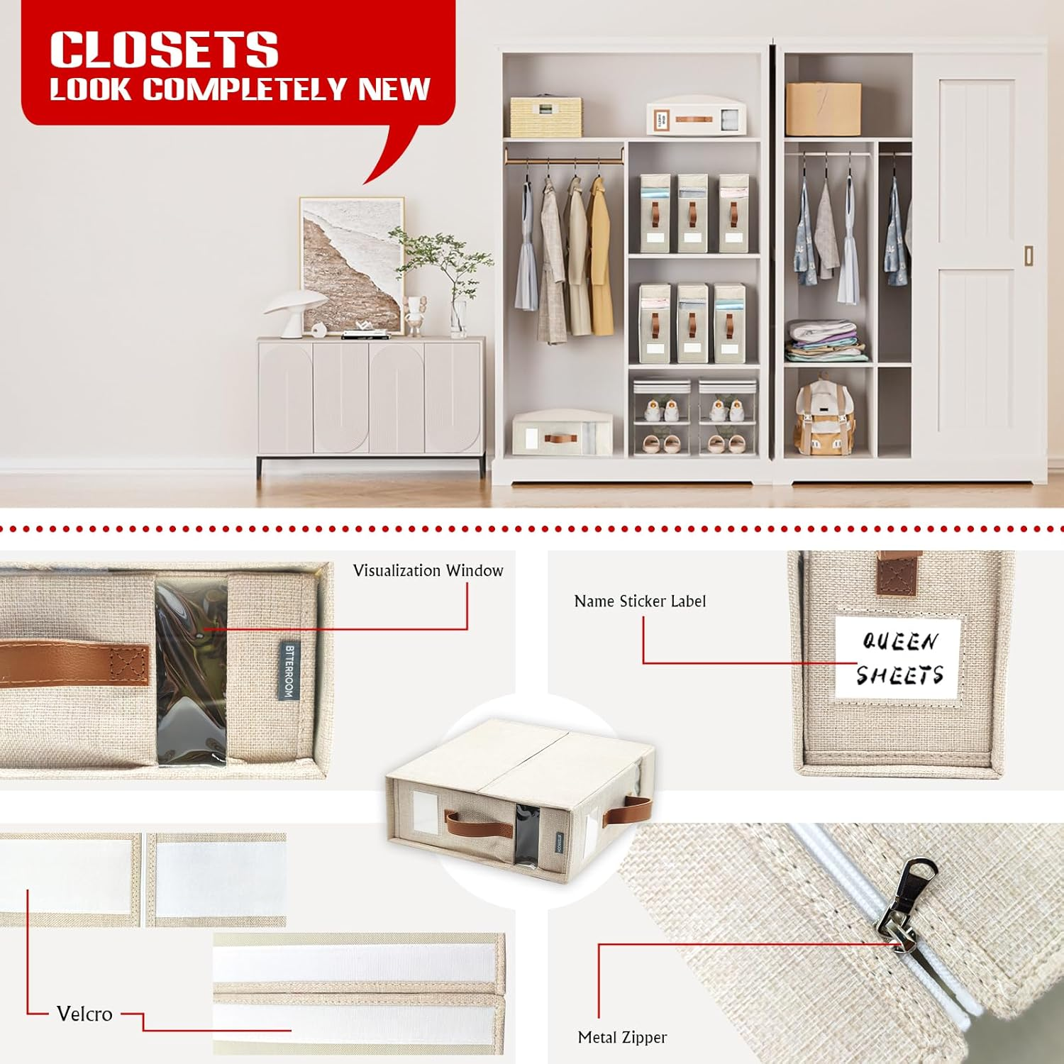 Bed Sheet Organisers and Storage, 2 Pack Sheet Organizer for Linen Closet, Foldable Bedding Sheets Set Organizer (Queen & King Size) with Window for Bedsheets,Duvet Covers and Pillow image number 3