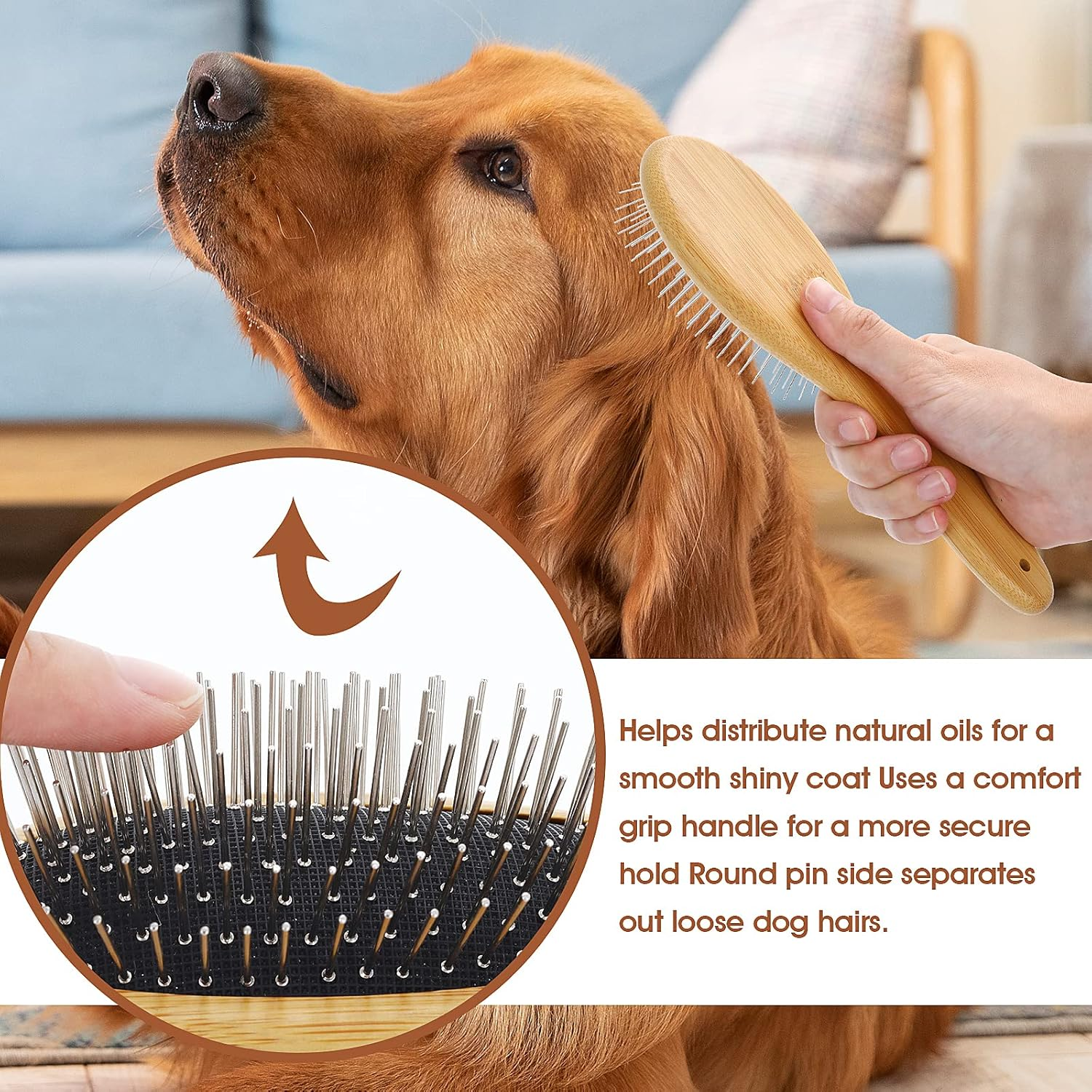 Molain Dog Pin Brush Airbag Wooden Comb Pin Brush- Dog Cat Professional 20Mm Stainless Steel round Pins Grooming Brush with Bamboo Handle, Airbag Comb No Scratching Any Hairs Type Dog or Pets(1Pc) image number 5