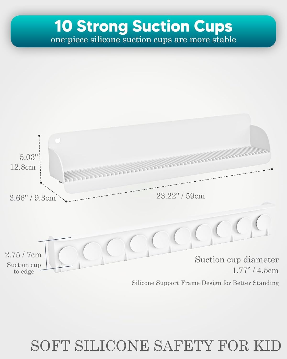 Duseu 1.96-Ft Bathtub Splash Guard, Silicone Bath Tub Tray for Kids, Bathtub Shelf Toy Holder with 10 Strong Suction Cups, No Water Spills in Bathroom & Kitchen Sink, Easy Clean & Fold, Grey image number 2