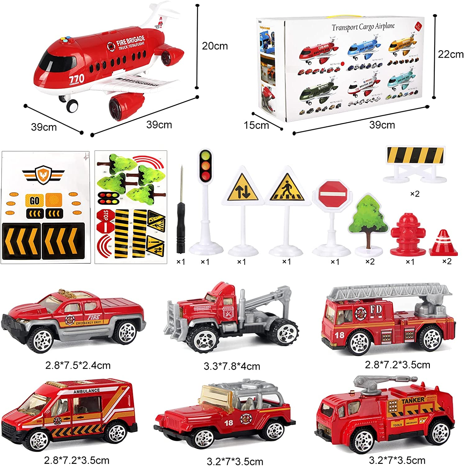 Jenilily Fire Engine Aeroplane Set, Emergency Rescue Plane Toy Cars Play Music Vehicles for 3 4 5 Years Old Boys Kids image number 4
