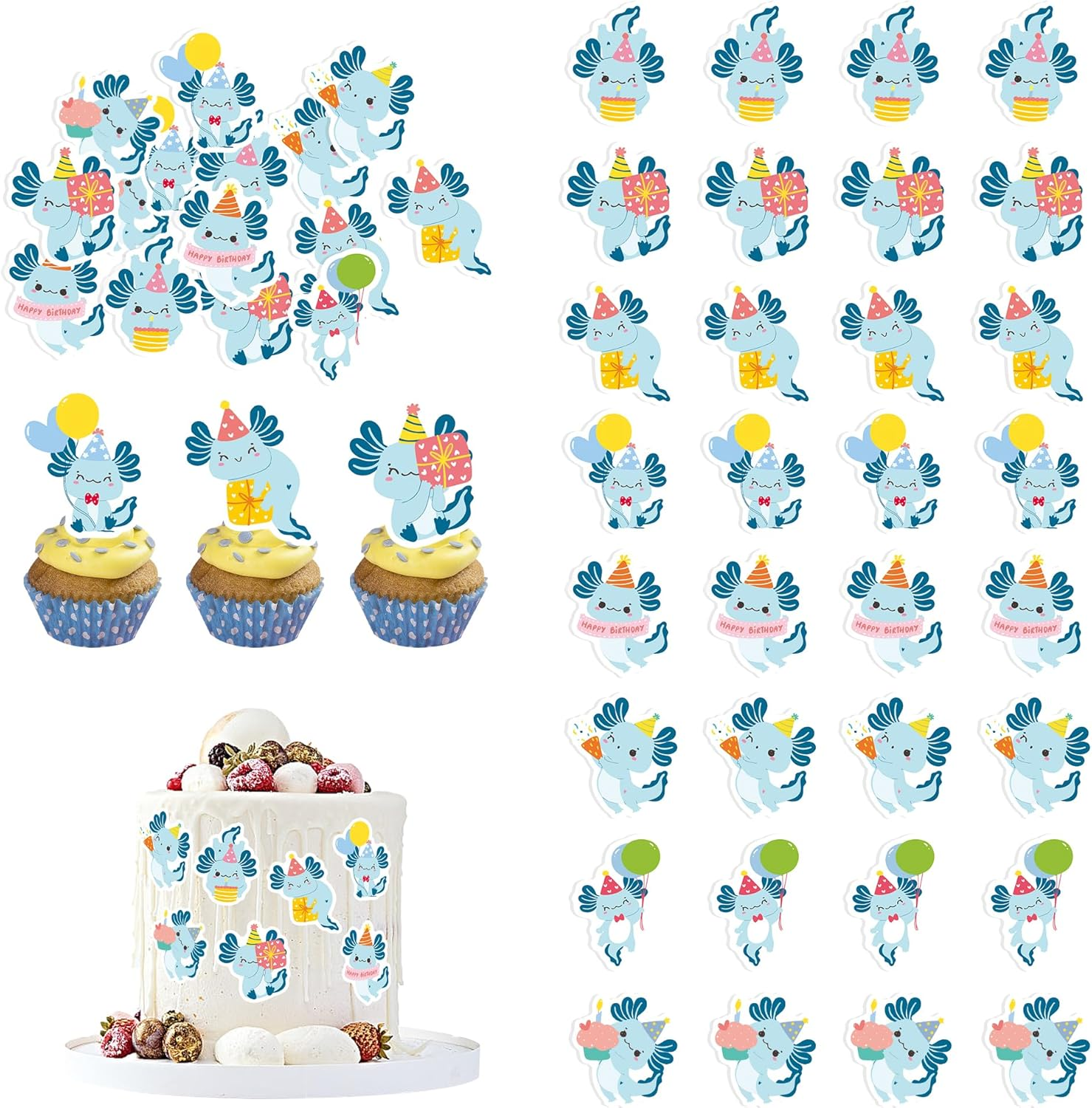 36Pcs Axolotl Cupcake Toppers Boys Girls Birthday Decorations Picks Reptile Animals Axolotl Party Supplies