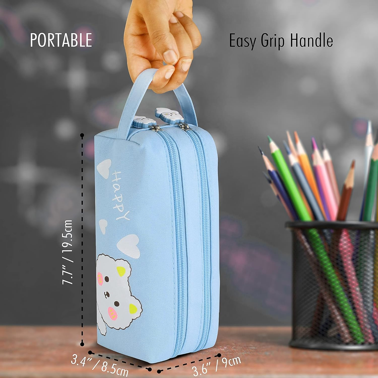 Wittysilly Cute Bear Pencil Pouch for Boys, Kawaii Large Capacity Blue Pencil Case, Stationery Organizer Bag, High School College Pen Case, Office Supply Case Organizer (Sky Blue) - Mint Green image number 6