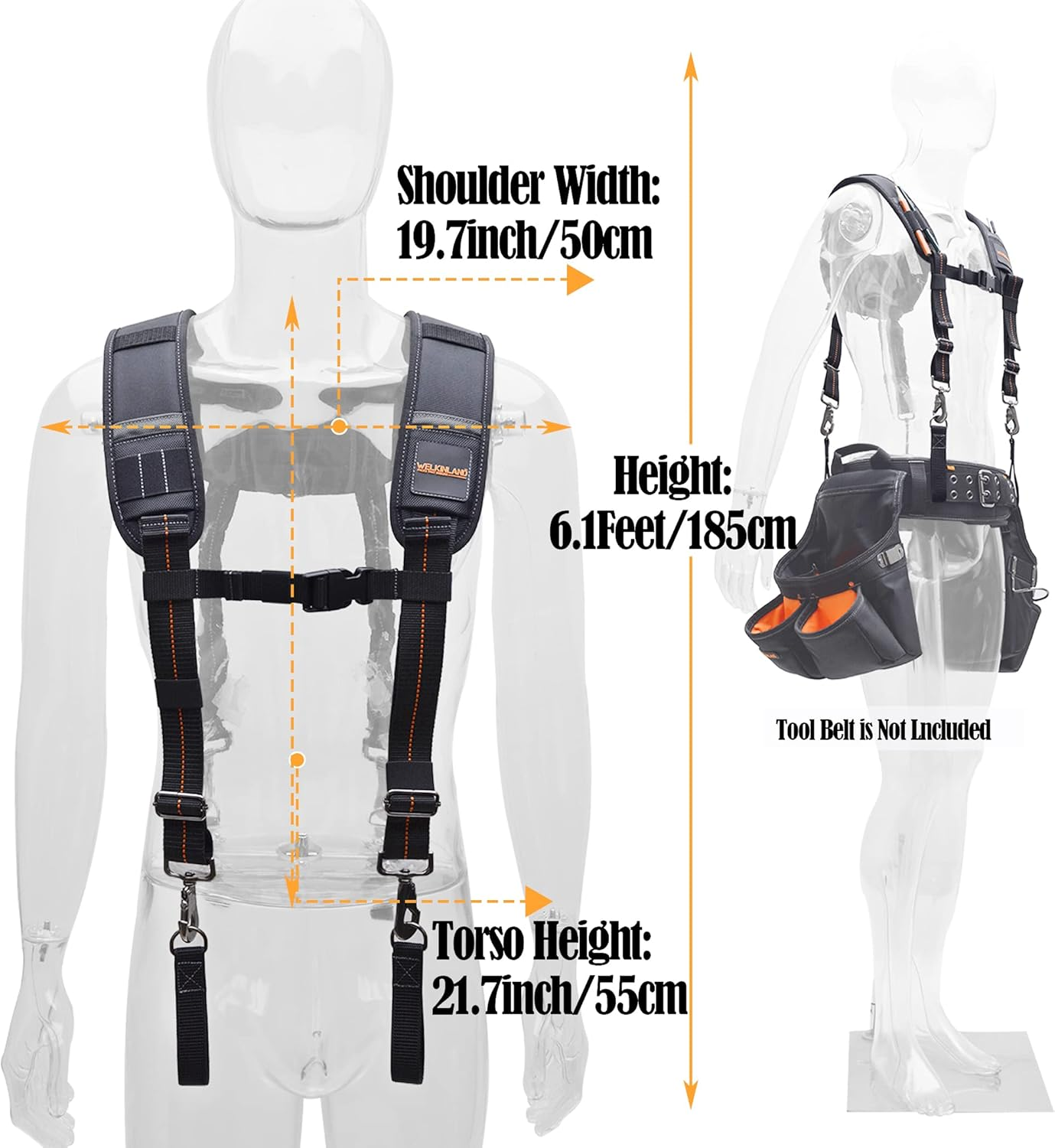 WELKINLAND Tool Belt Suspenders, Bag Bag Nail Suspenders Carpenter, Construction for Men, Men Black W/Orange image number 1