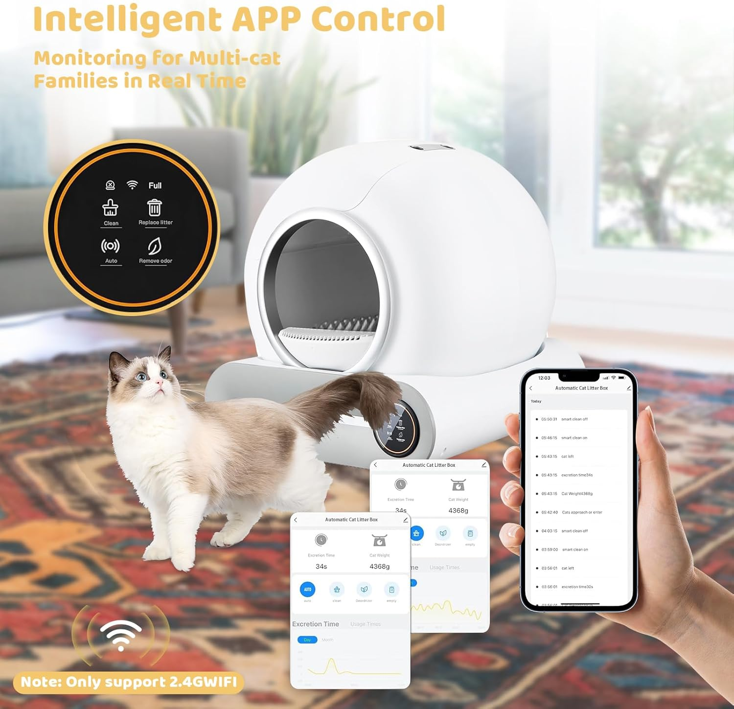 Self Cleaning Cat Litter Box, 65L+9L Extra Large Capacity Automatic Cat Litter Box for Multiple Cats, Smart Wifi App Control/Anti-Pinch/Low Noise/Odor Removal/Safety Protection, with Garbage Bag image number 2