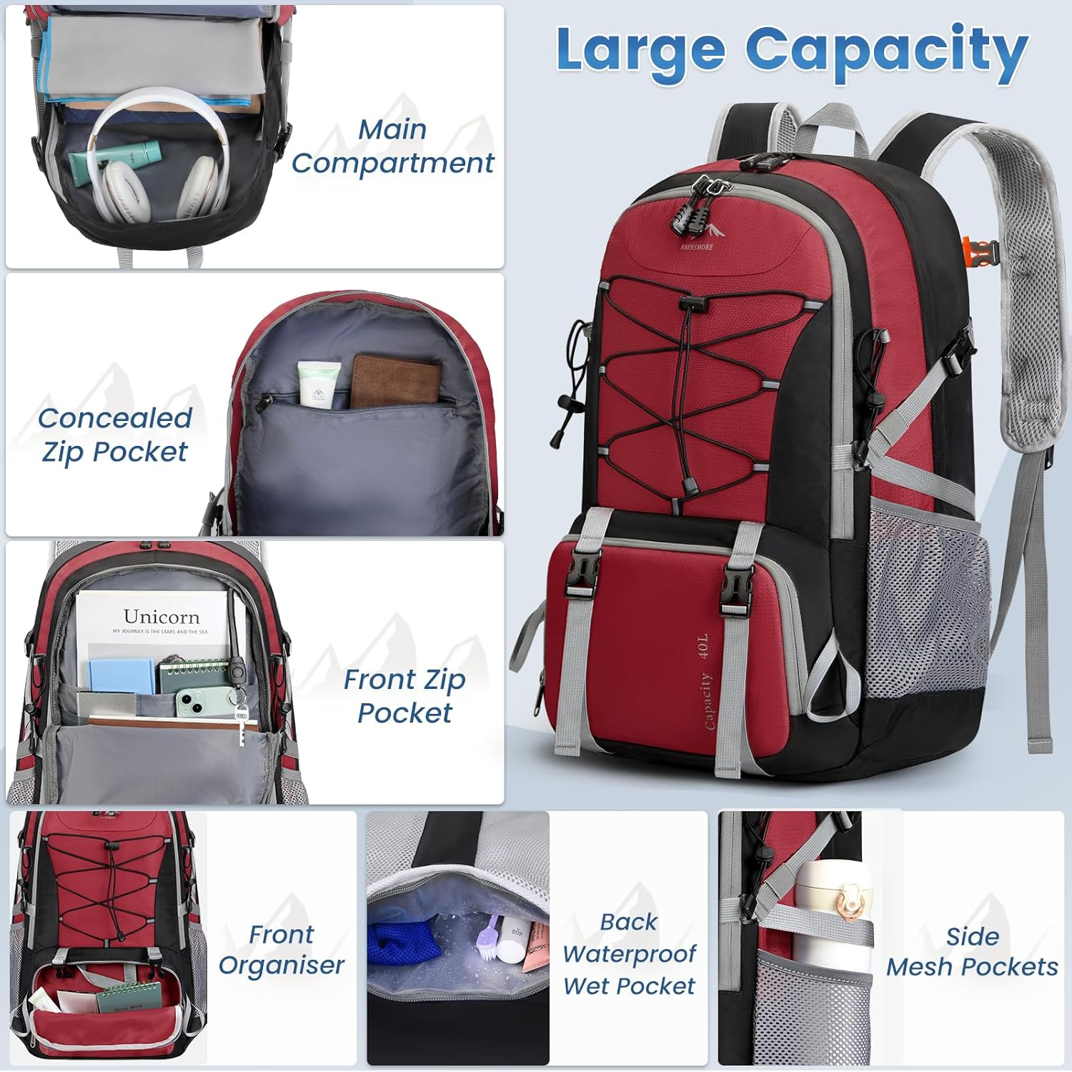 Hiking Backpack 40L Waterproof Camping Backpack for Men Women Lightweight Outdoor Sport Daypack Packable Hiking Backpack for Climbing Travel Touring - Black image number 5