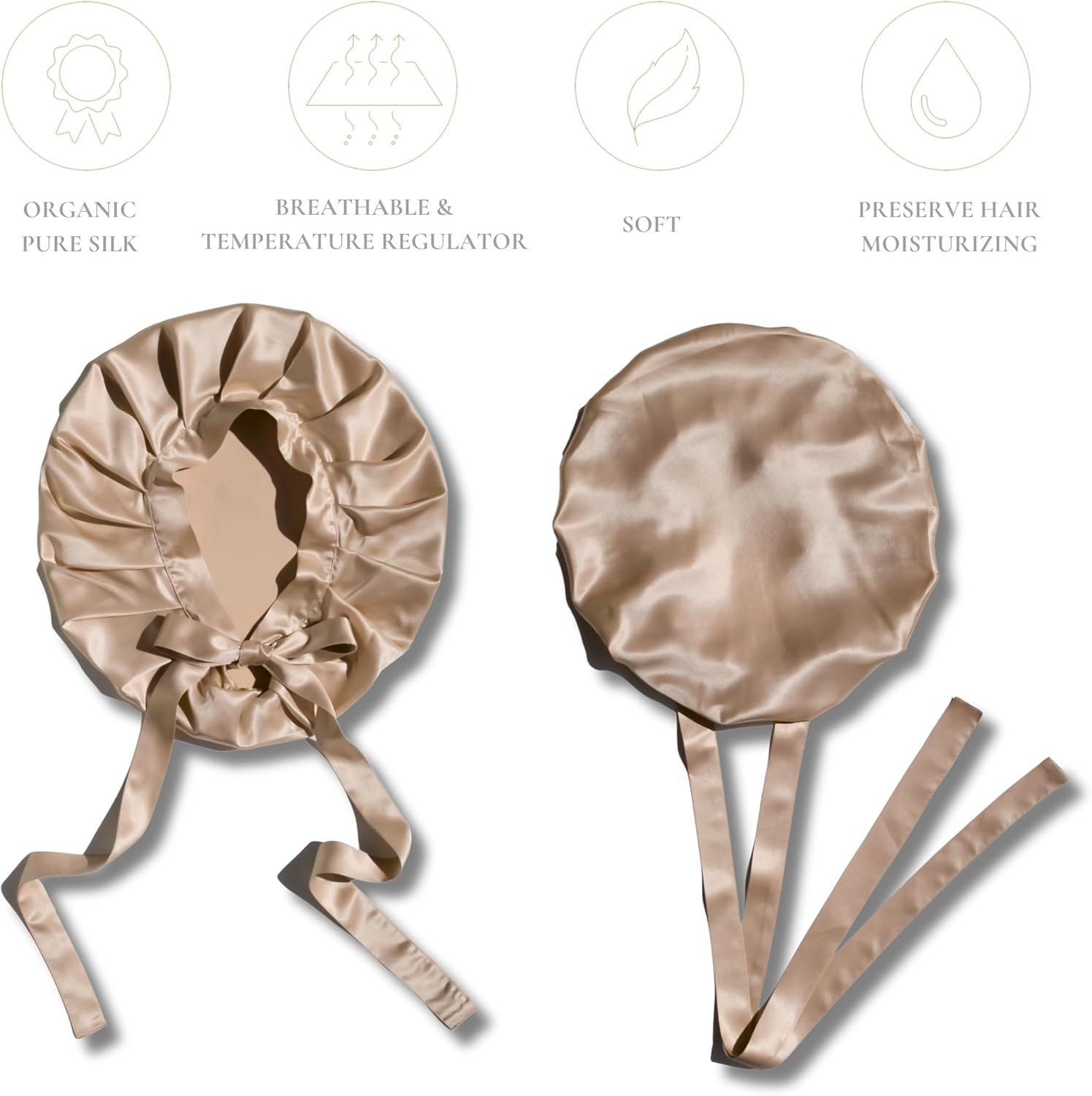 100% Pure 22 Momme Mulberry Silk Sleep Bonnet for Women Hair with Adjustable Ribbons, Oeko-Tex Certified,1 Layer, Caramel, One Size