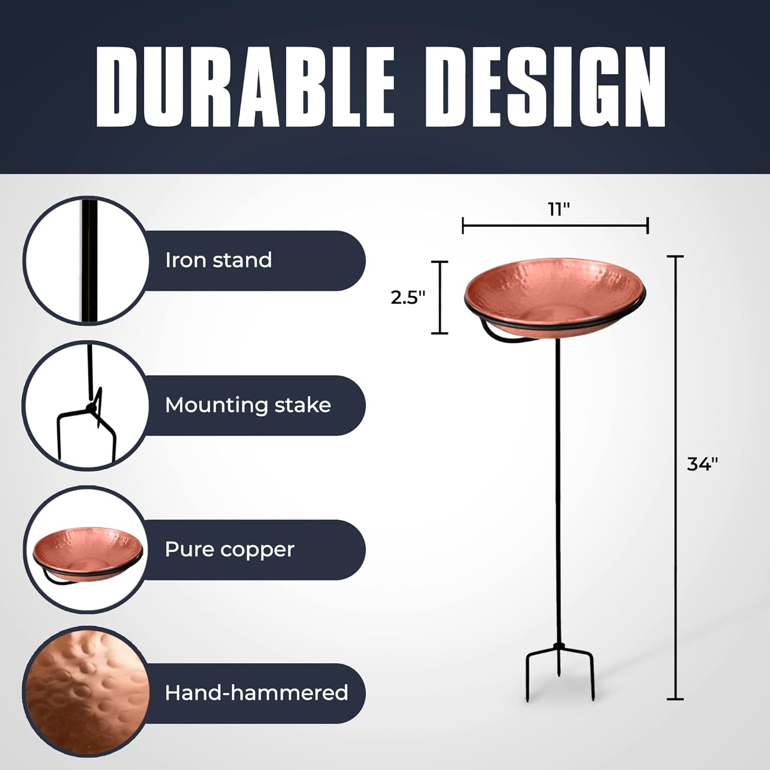 Monarch Abode Pure Copper Standing Bird Bath, Hand-Hammered Detachable Outdoor Bird Feeder, Bath, & Bowl with 34"" Iron Stand, Decor for Garden, Backyard, Patio, & Deck image number 3
