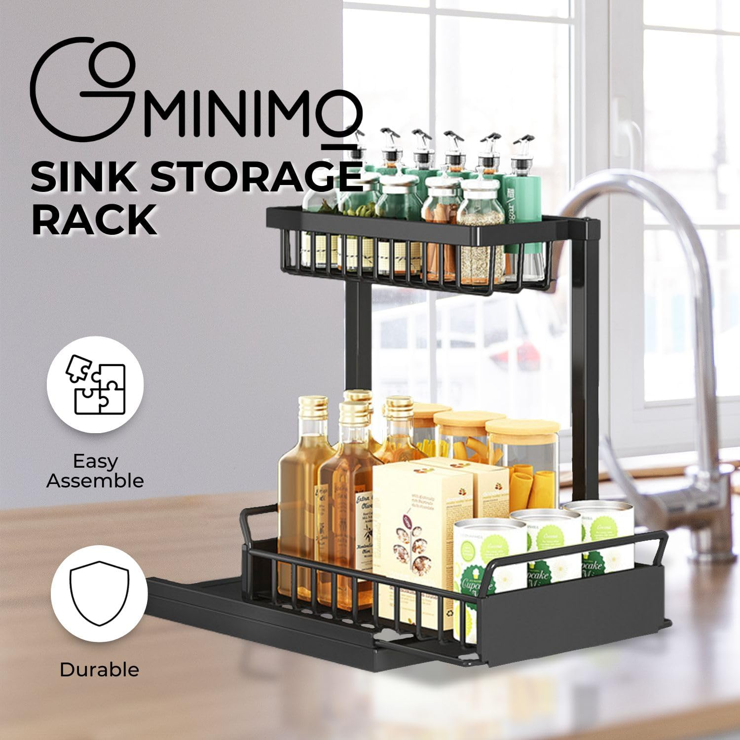Gominimo under Sink Storage Rack 2 Tier Multi-Purpose, Silent Slide Rails, Strong Bearing Capacity, Easy Accessibility, Perfect for Kitchen, Home Storage and Organisation, Black image number 4