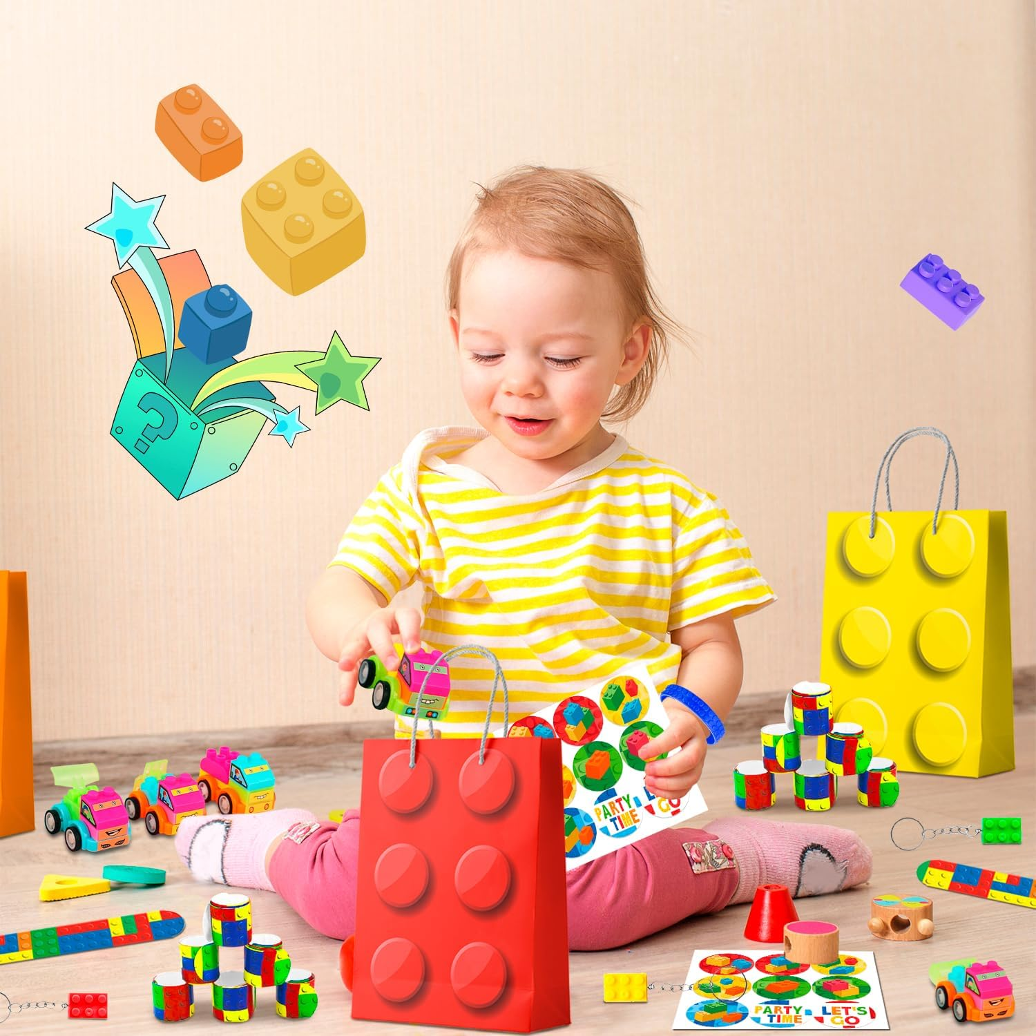 Building Block Party Favors, 62 Pcs Set - Bags, Keychains, Slap Bracelets & More image number 2
