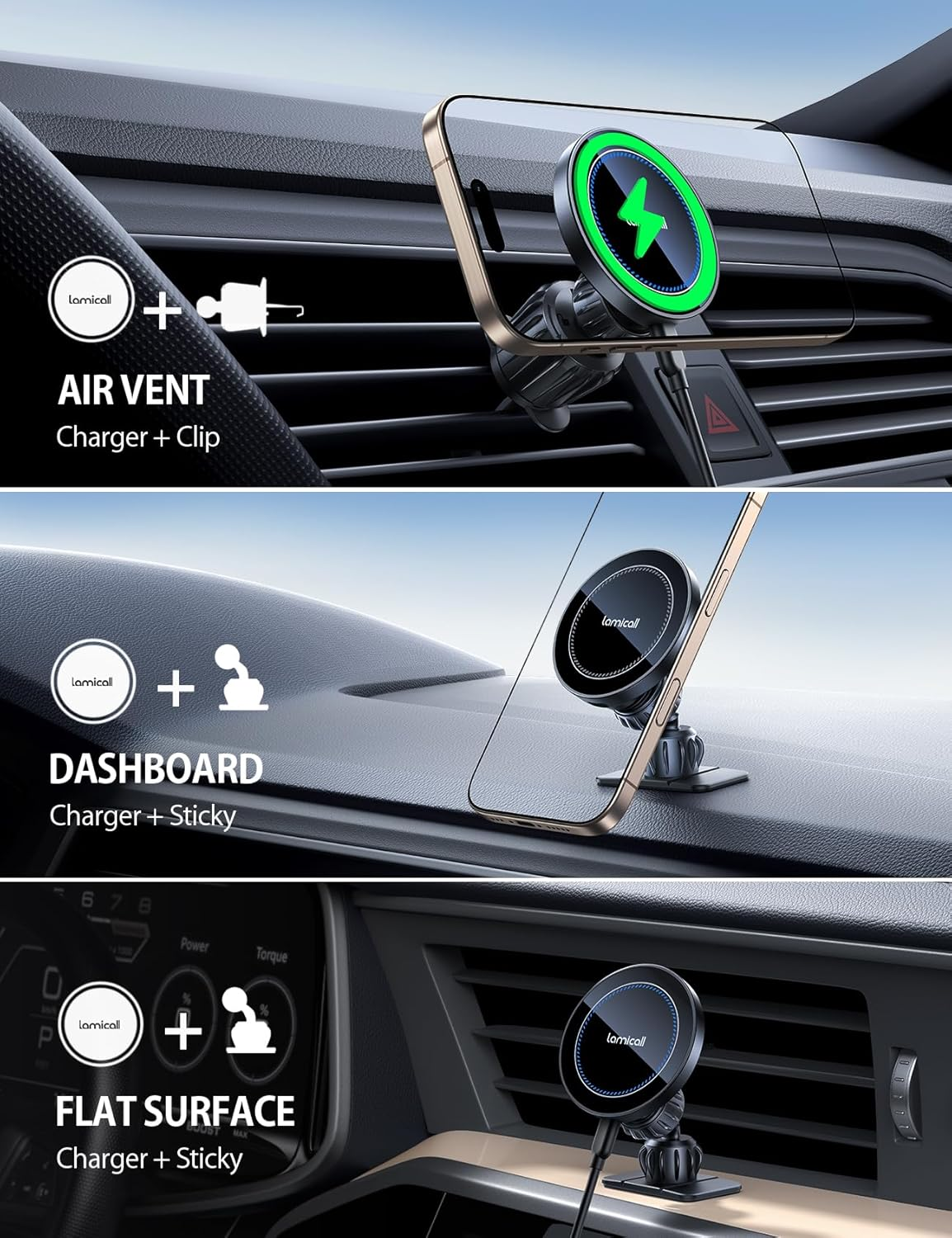 Lamicall 15W Wireless Car Mount Charger - [3-In-1 Upgraded Intelligent Chip] 360&deg; Wireless Car Phone Holder Charger Vent Dashboard Magnetic Car Charger for Iphone 16 Pro Max Black