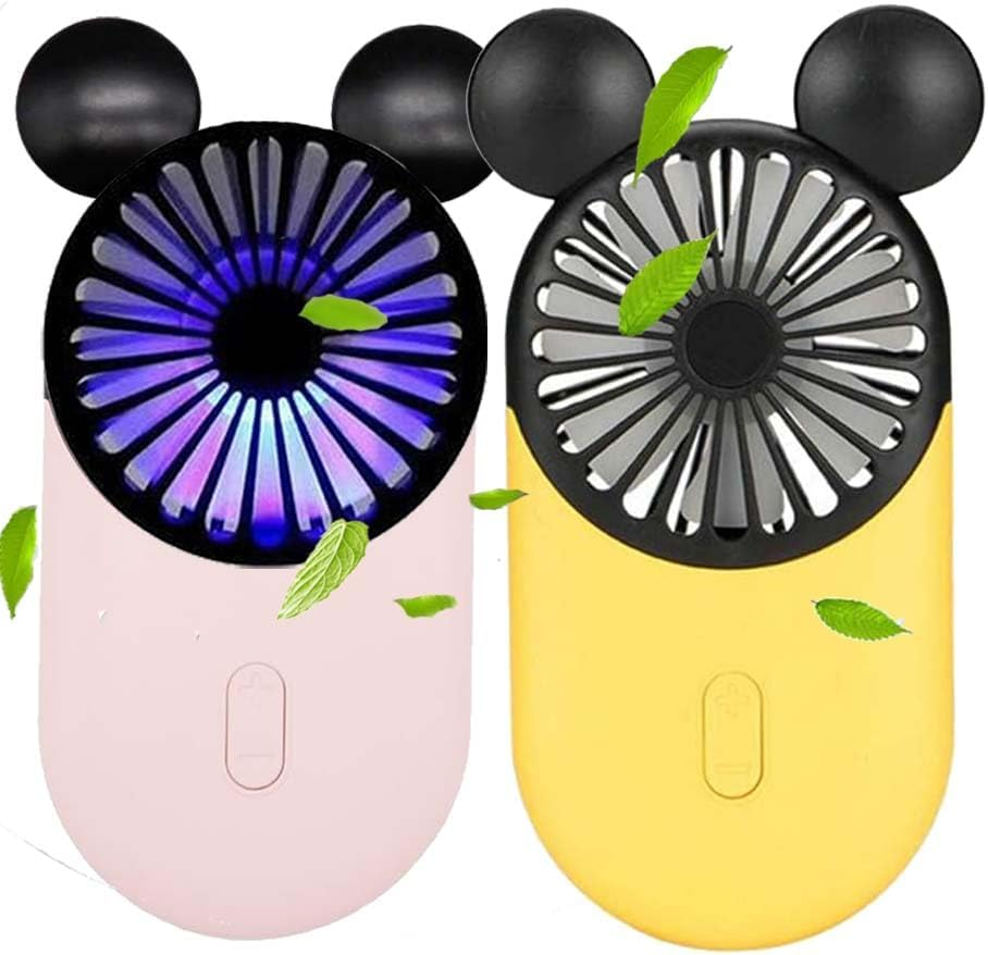 Cute Personal Mini Fan(2 PACK), Mini Handheld USB Rechargeable Portable Fan with Stylish LED Light,3 Speed Adjustable,Cute Mouse,For Kids Girls Woman Home Office Outdoor Travel