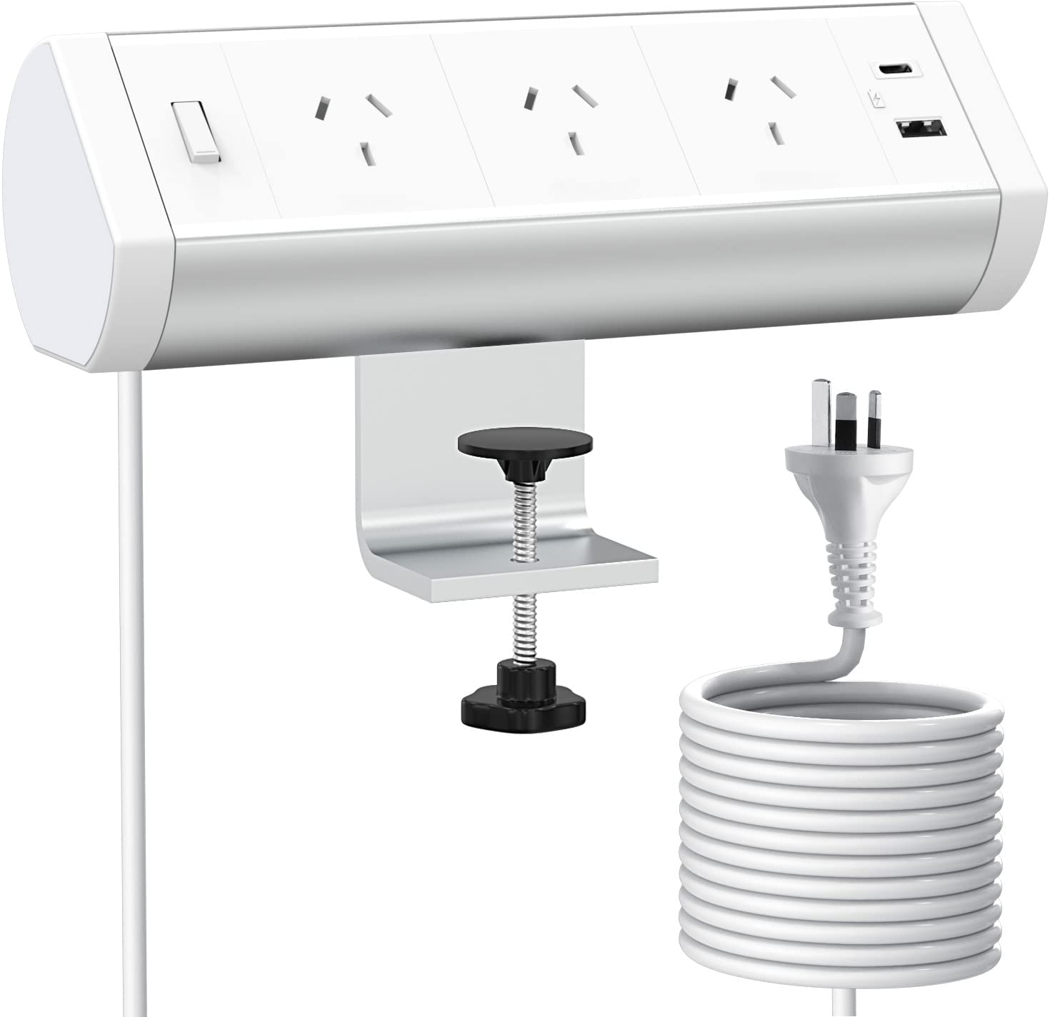 Desk Power Board, Haylink Aluminium Alloy Clamp Powerboard with USB C, 3 Outlets Desk Power Strip with Switch, Desktop Mounted Power Board Connect 3M Extension Cord for Home Office image number 5