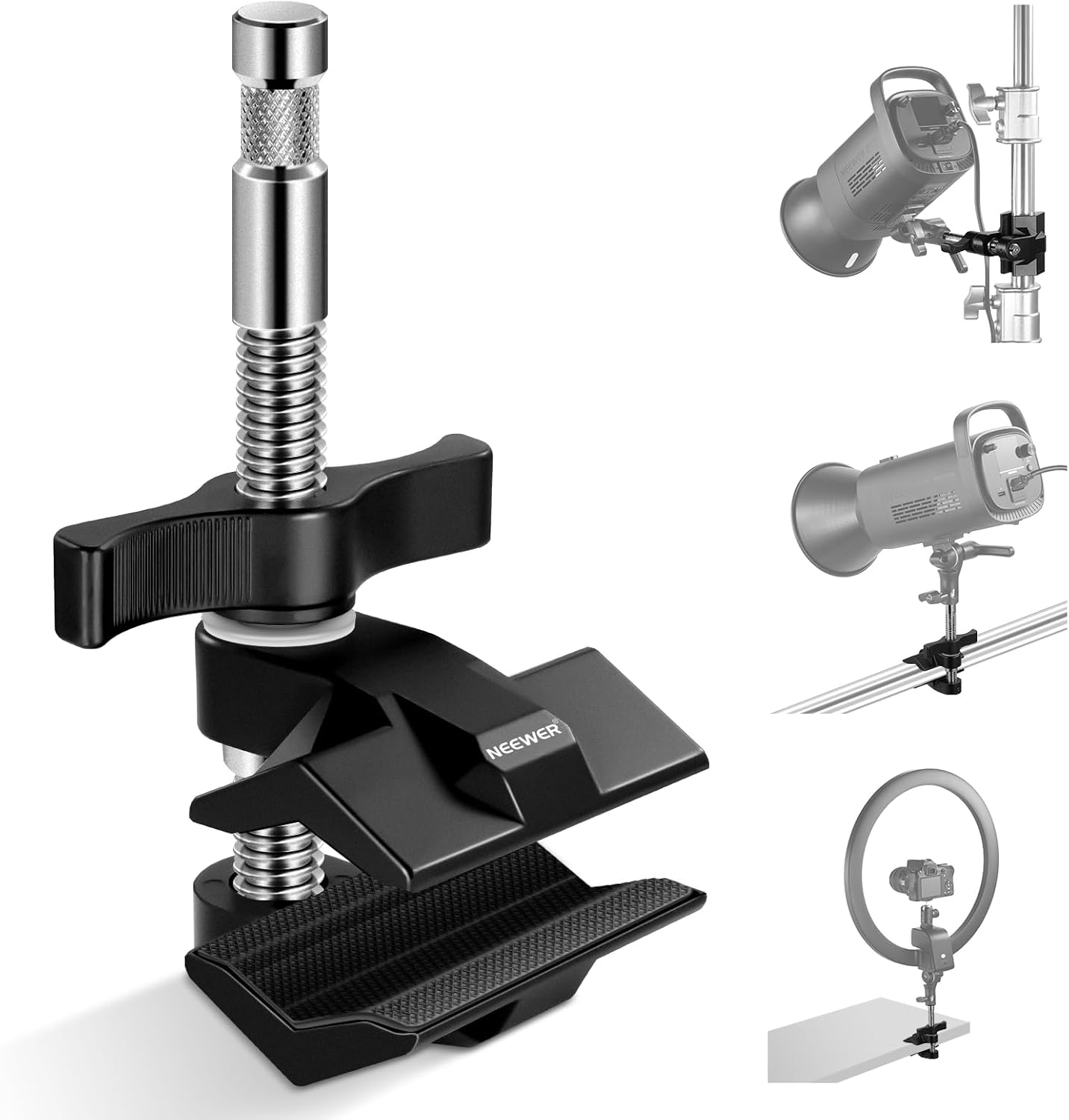NEEWER 2" End Jaw Grip with 5/8" Stud, Steel Shaft End Pipe Grip Clamp with Adjustable Aluminum Jaws, Rubber Pads for C Stand, anti Twist, Spin Handle Easy Lock for LED Video Light Softbox, UA015 image number 5